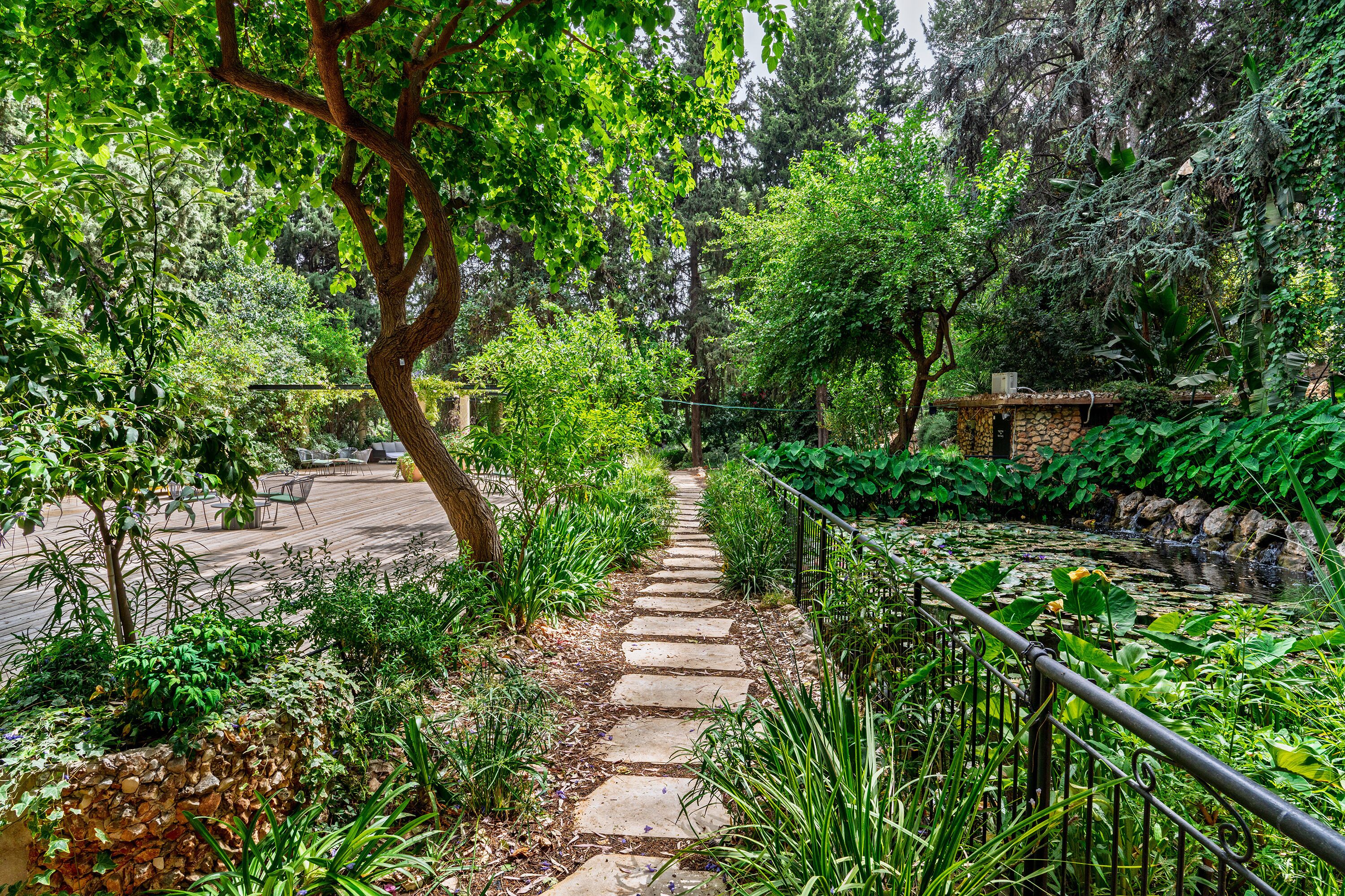 A stone pathway leading through a lush garden with a pond, surrounded by various plants and trees.