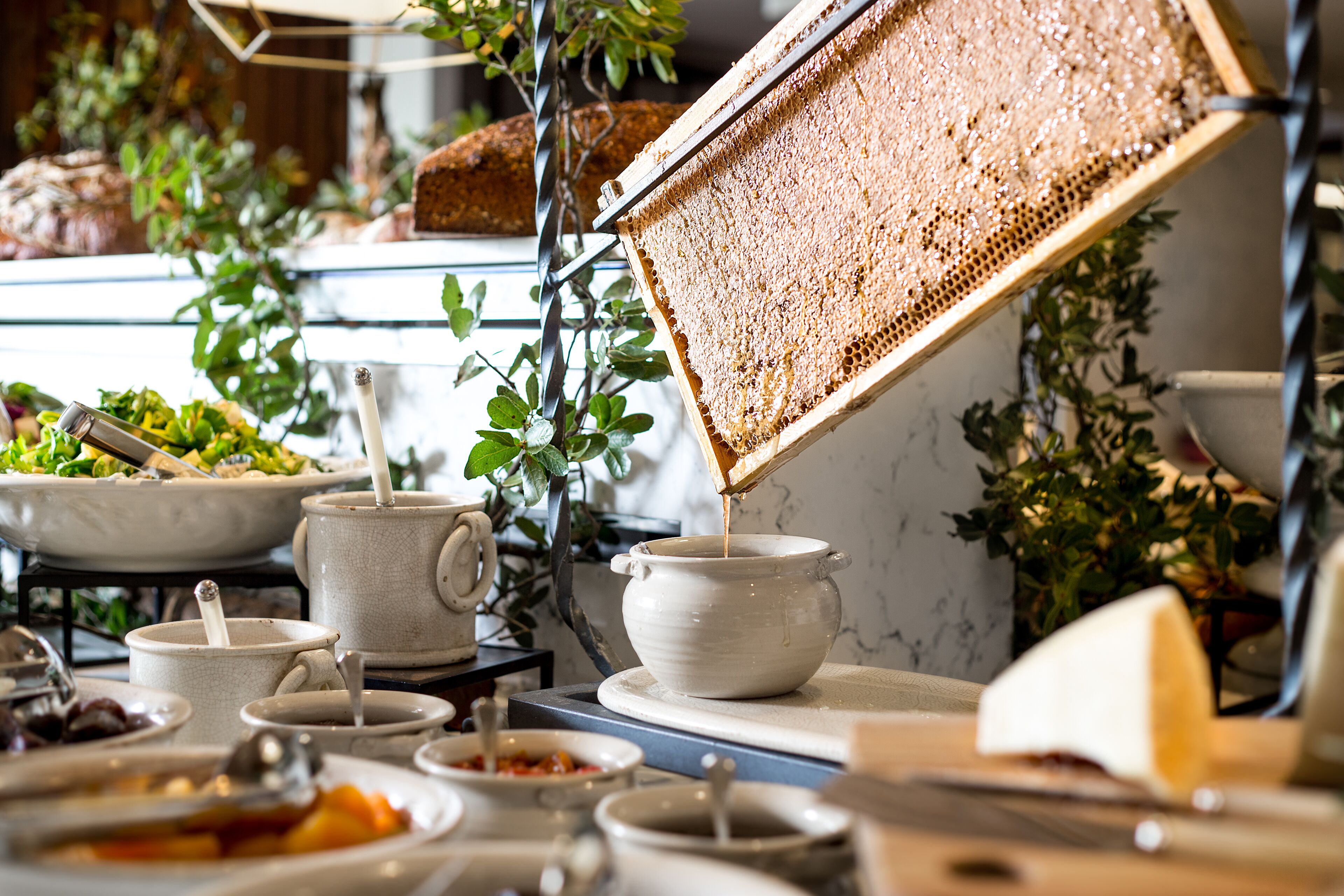 A dining area with a honeycomb frame, white ceramic dishes, and a variety of food items.