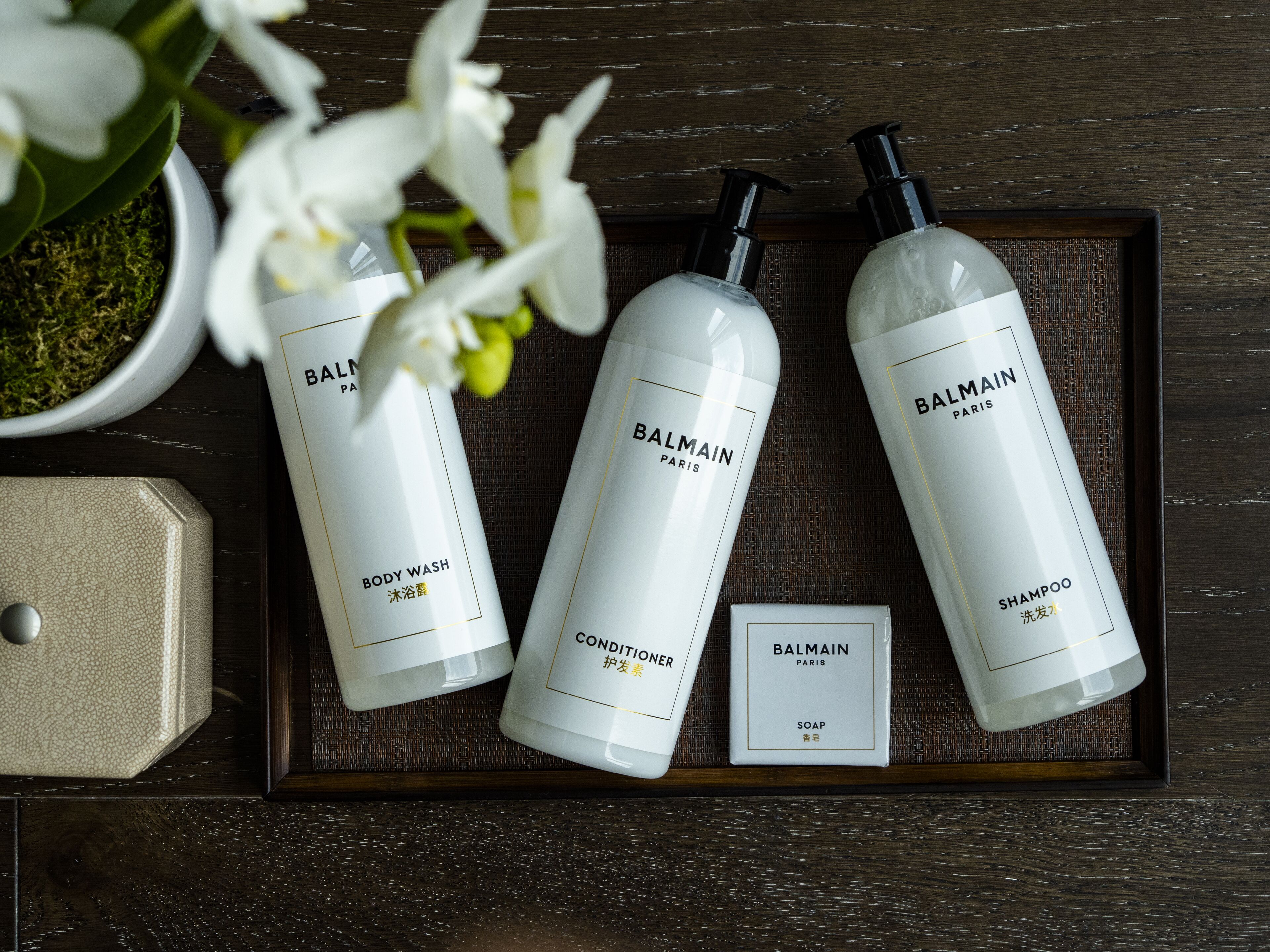 designer toiletries, hair dryer, bathrobes, slippers