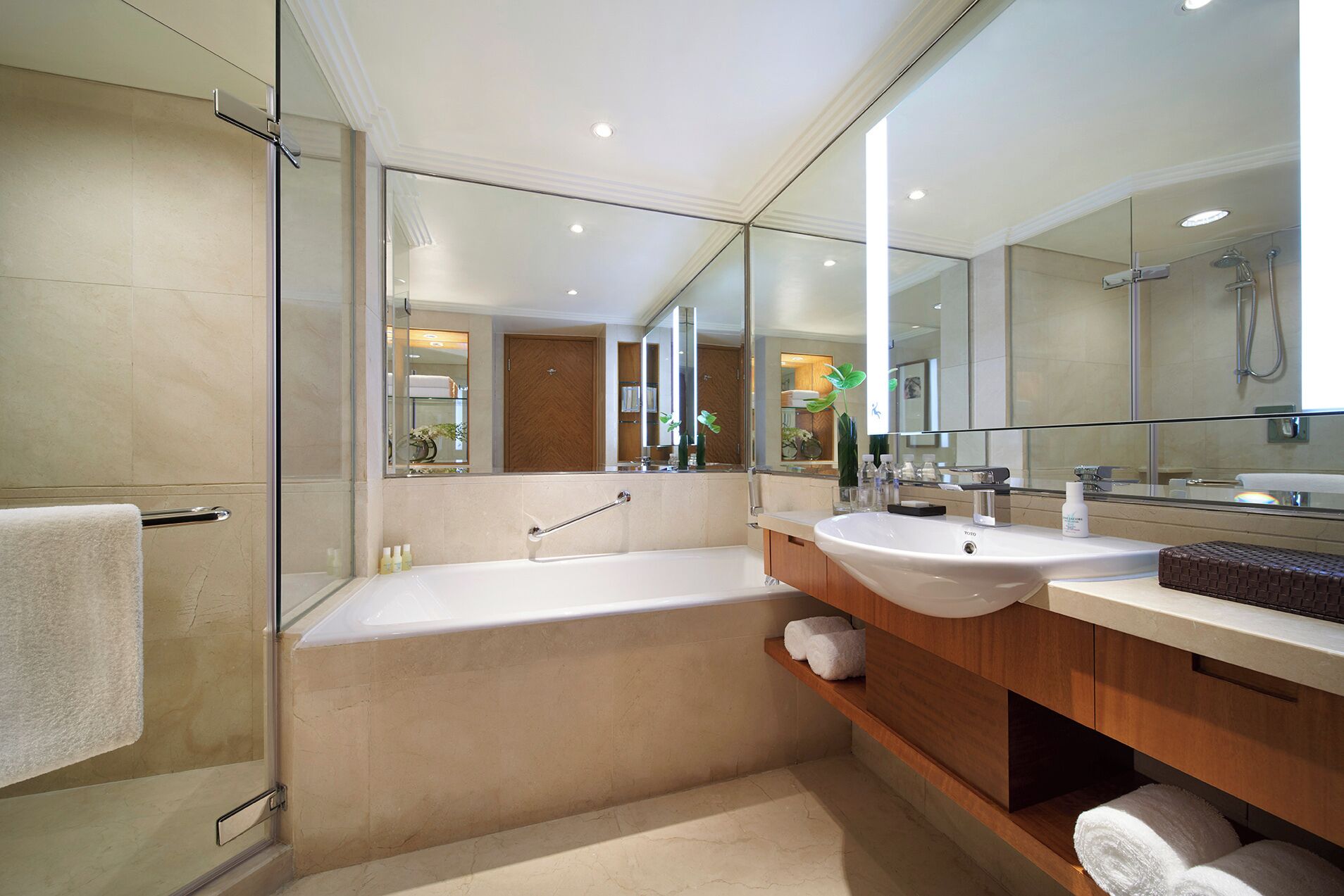 A modern bathroom with a glass shower enclosure, a large bathtub, and a vanity with a mirror.