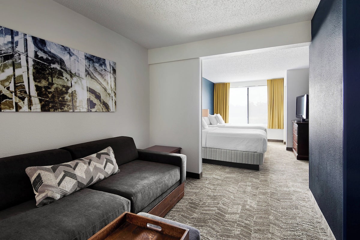 Een hotelkamer met een sofa, een bed, een televisie en een schilderij aan de muur.