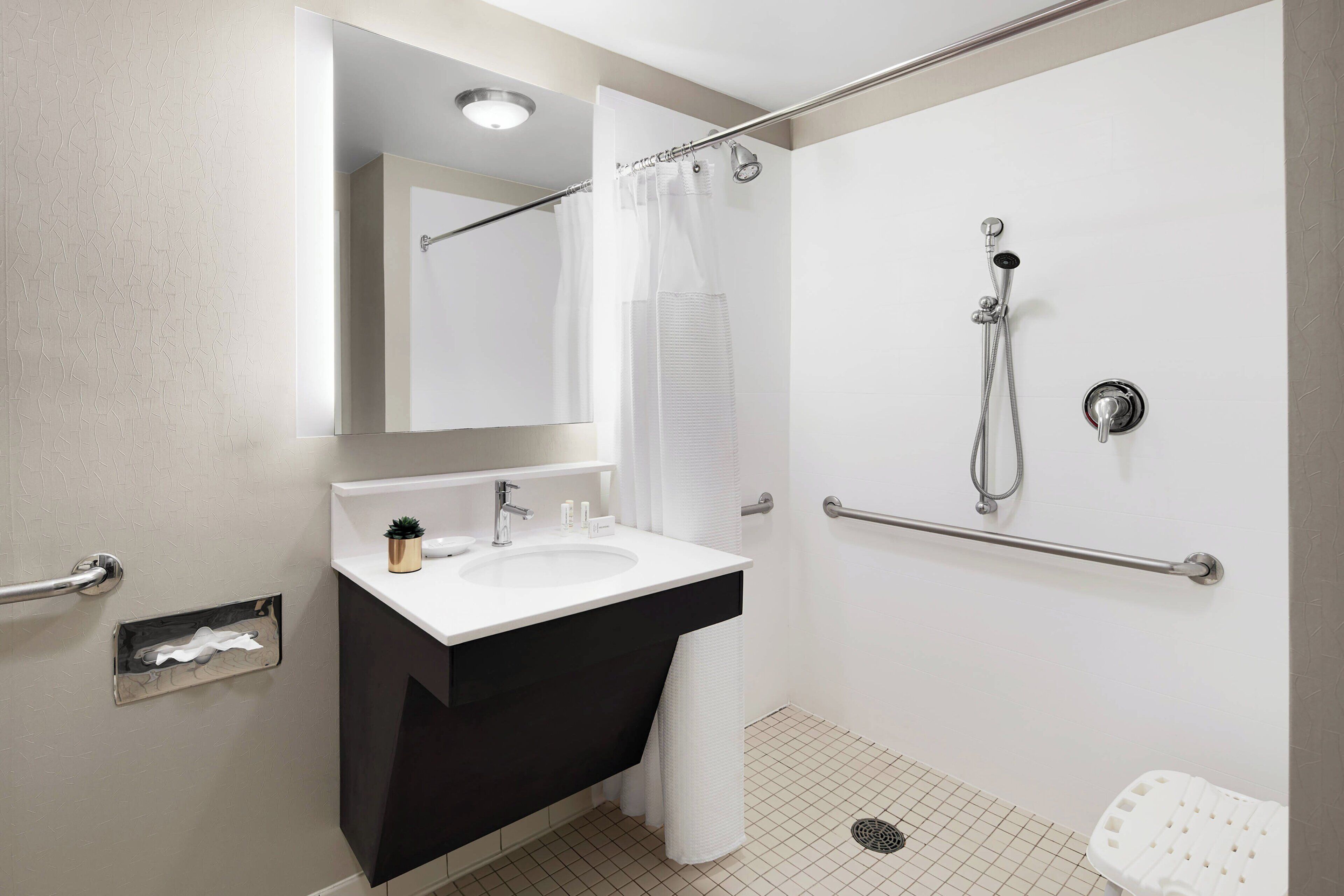 combined shower/bathtub, free toiletries, hair dryer, towels