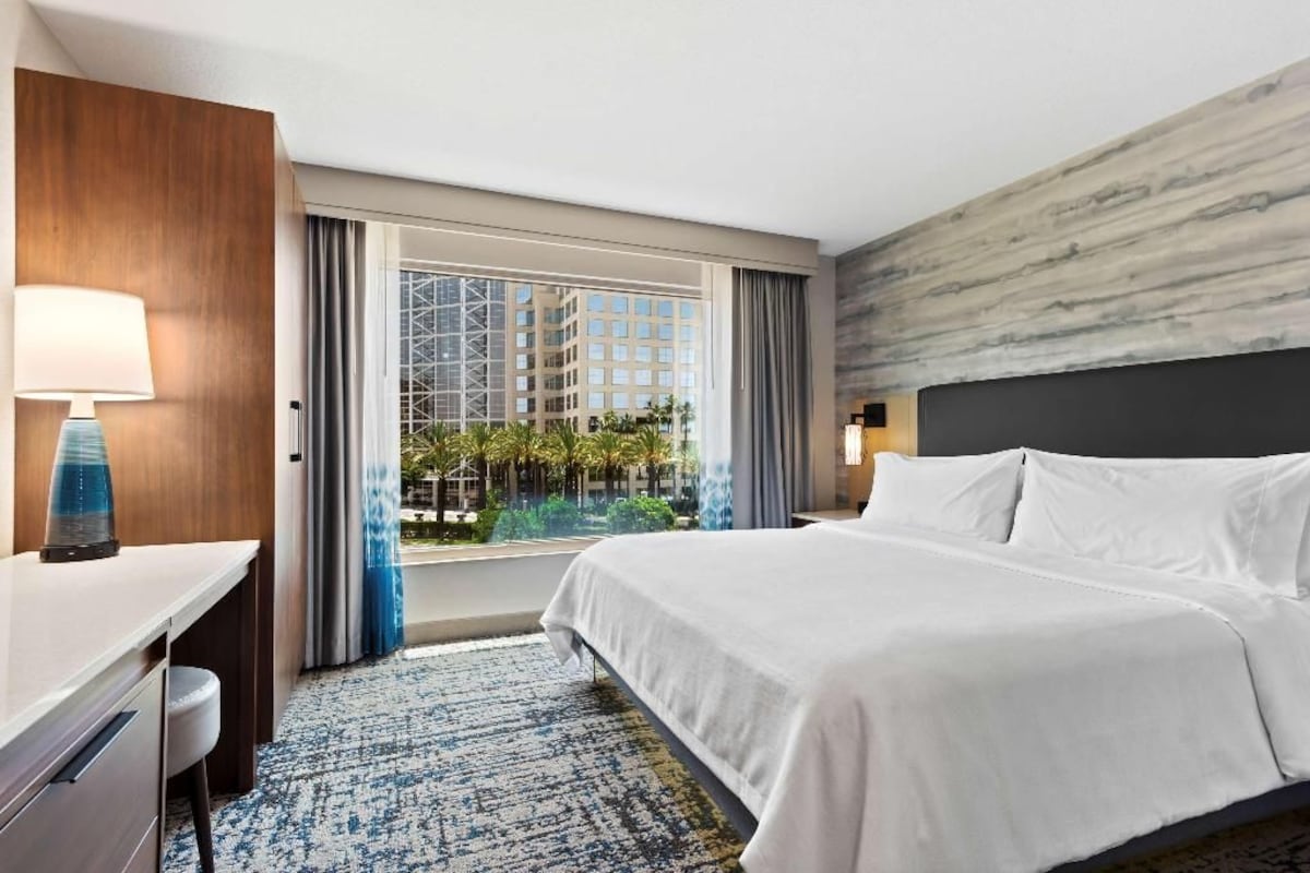 Une chambre d’hôtel avec un lit, un bureau et une fenêtre donnant sur des bâtiments et de la verdure.