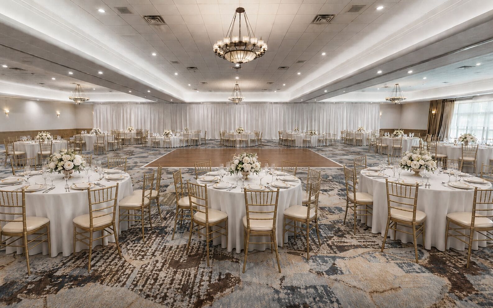 A large banquet hall with round tables, gold chairs, and white tablecloths.