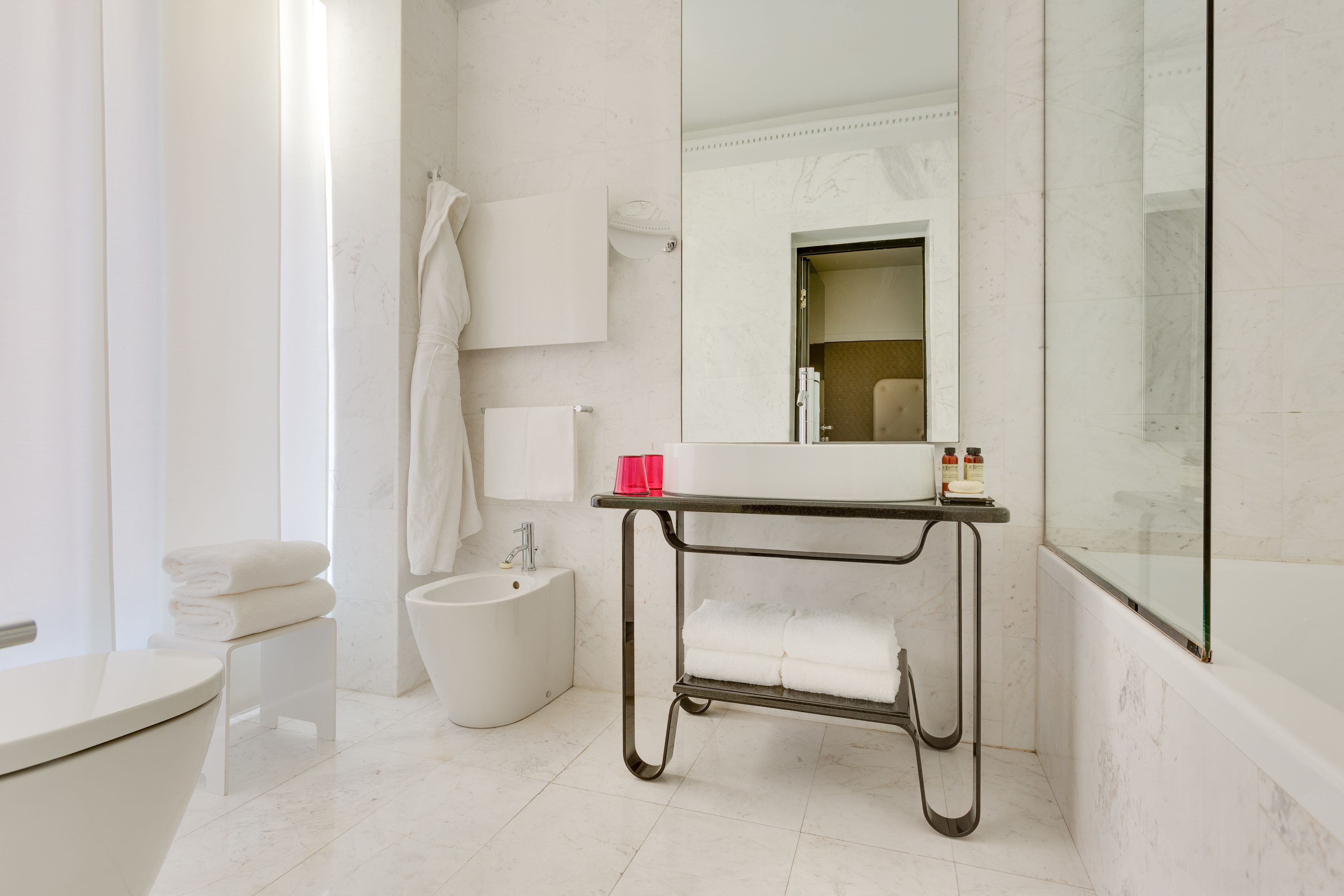 shower, designer toiletries, hair dryer, bathrobes