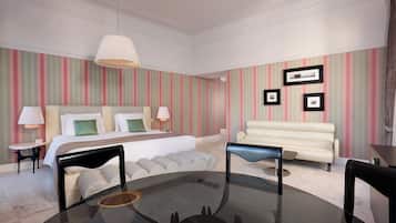 A modern bedroom with a bed, bedside tables, a sofa, and a glass dining table.