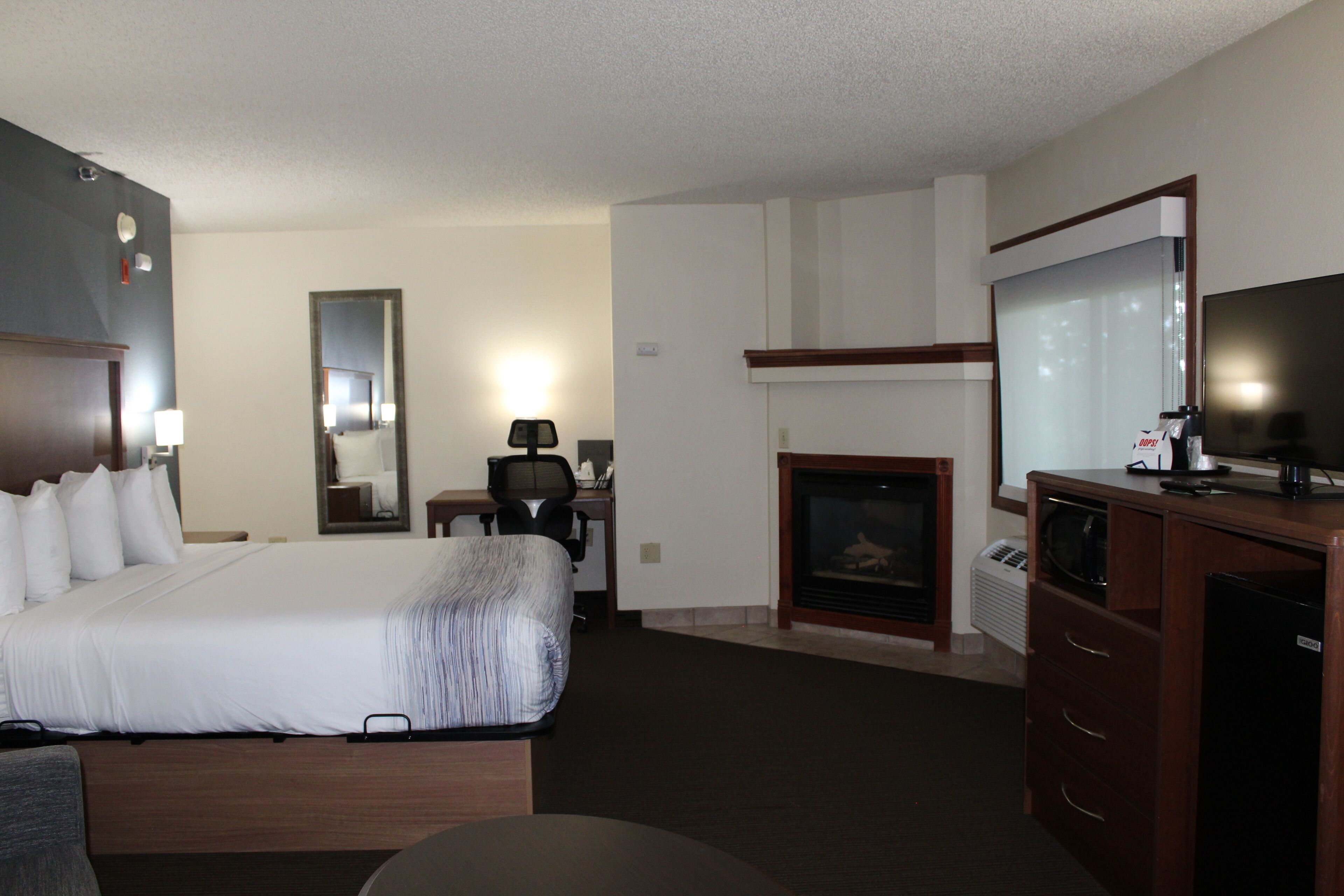 Habitación de hotel con una cama grande, un escritorio, una silla, chimenea, televisor y espejo.