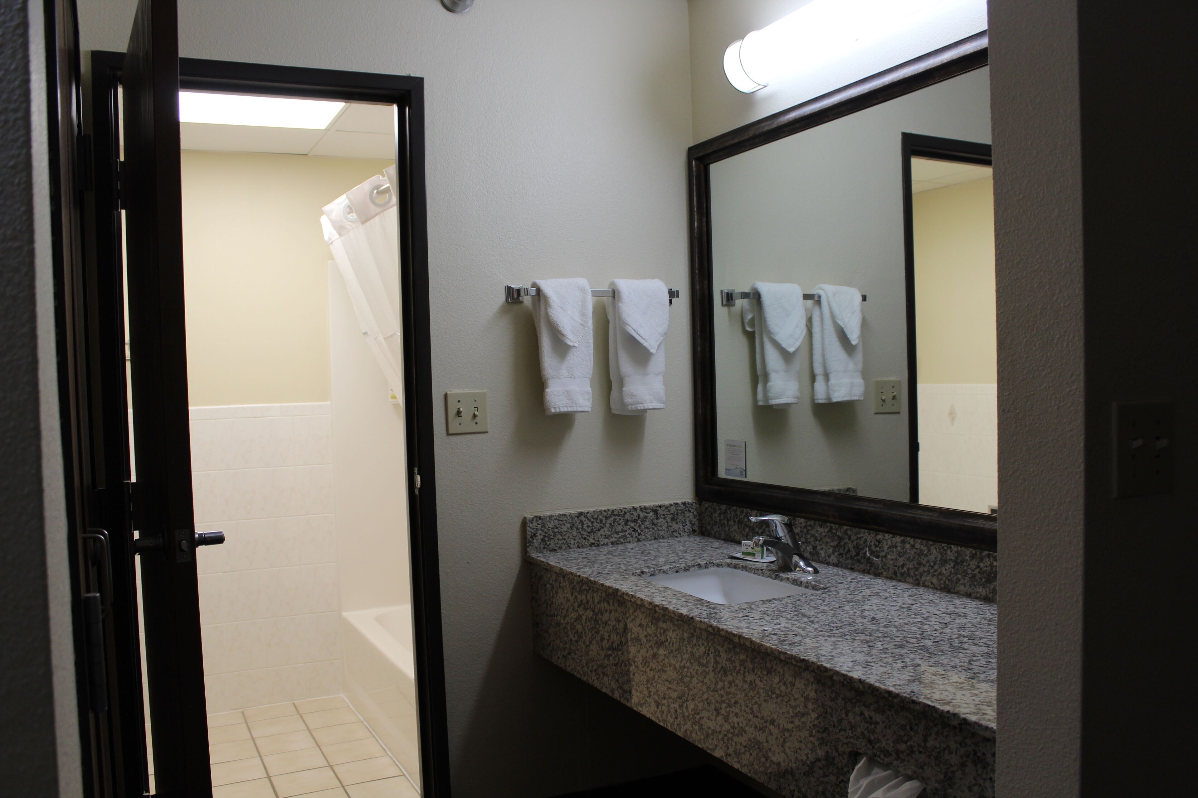 combined shower/bathtub, free toiletries, hair dryer, towels