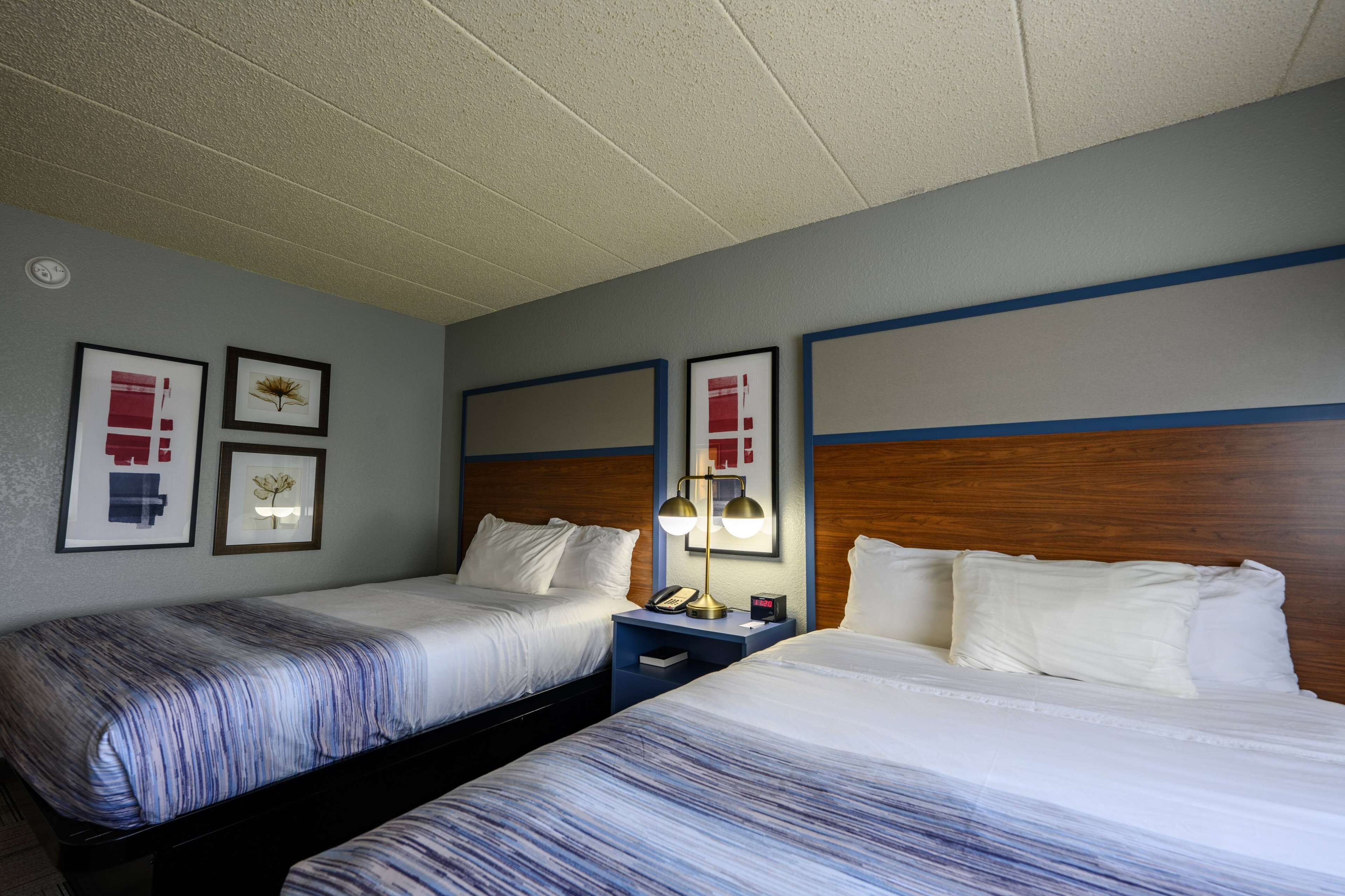 A hotel room with two beds, a nightstand with a lamp, and framed pictures on the wall.