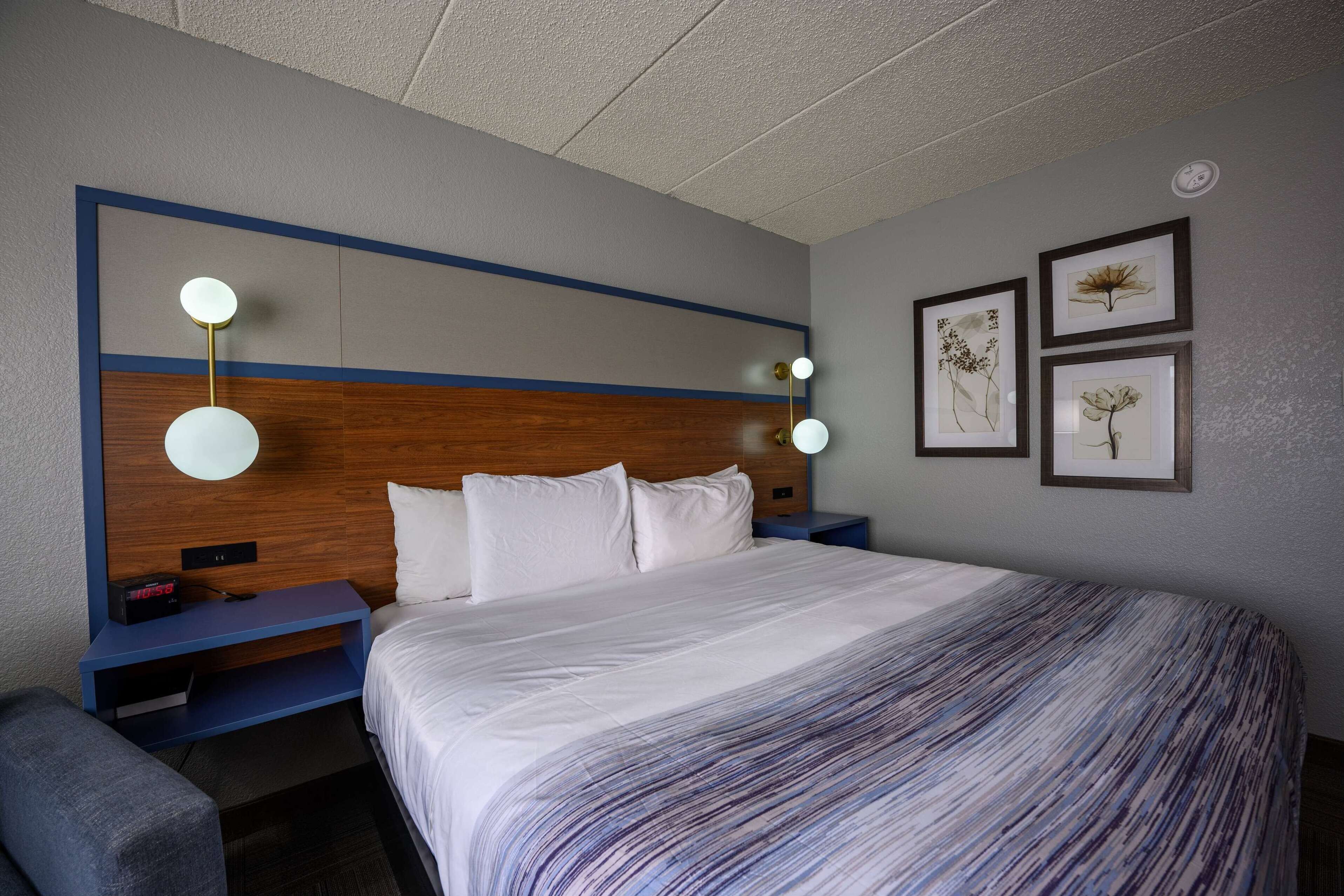 A hotel room with a large bed, a wooden headboard, bedside tables with lamps, and framed artwork on the wall.
