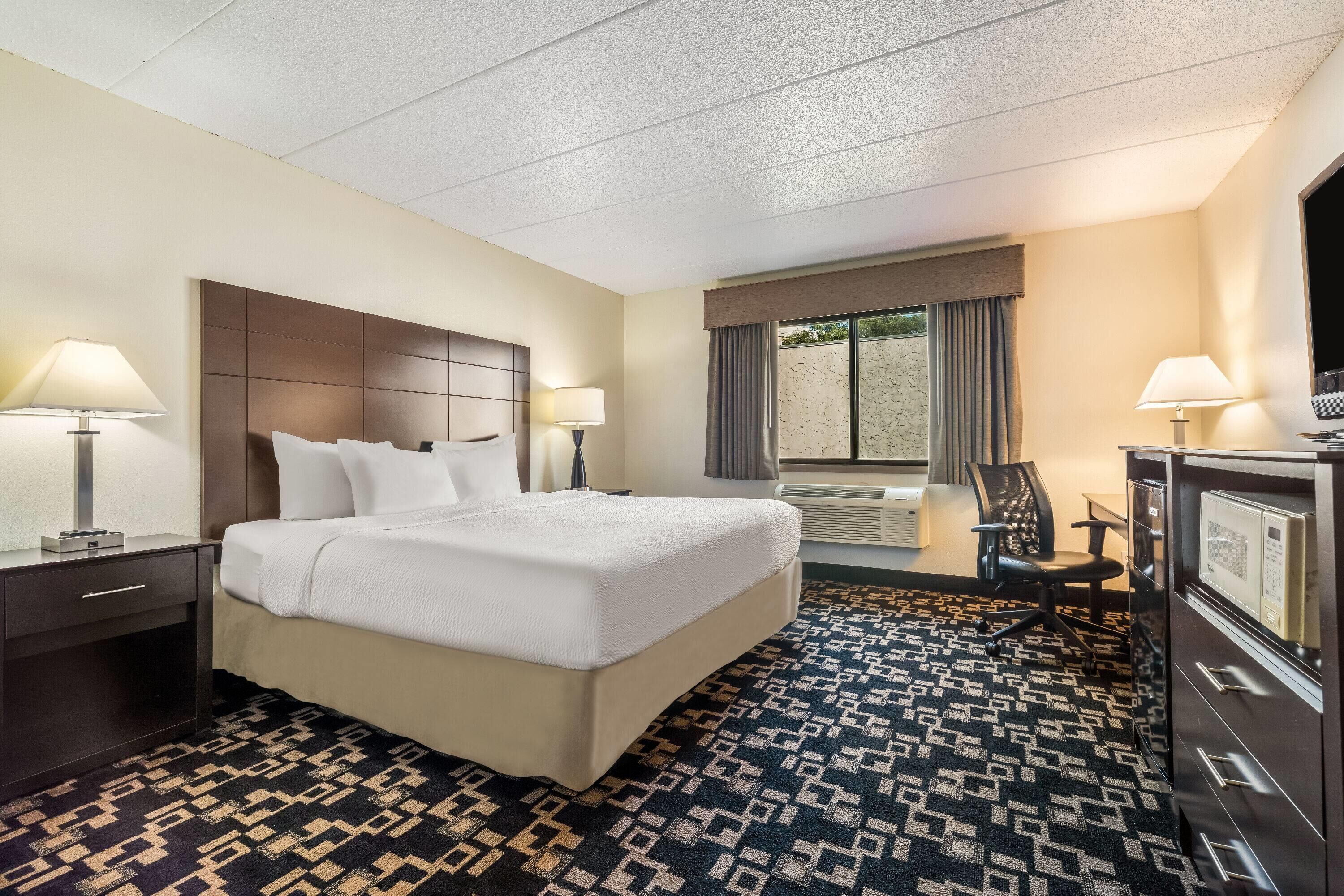 Habitación de hotel con una cama grande, dos mesitas de noche con lámparas, un escritorio con silla, televisor y una alfombra estampada.