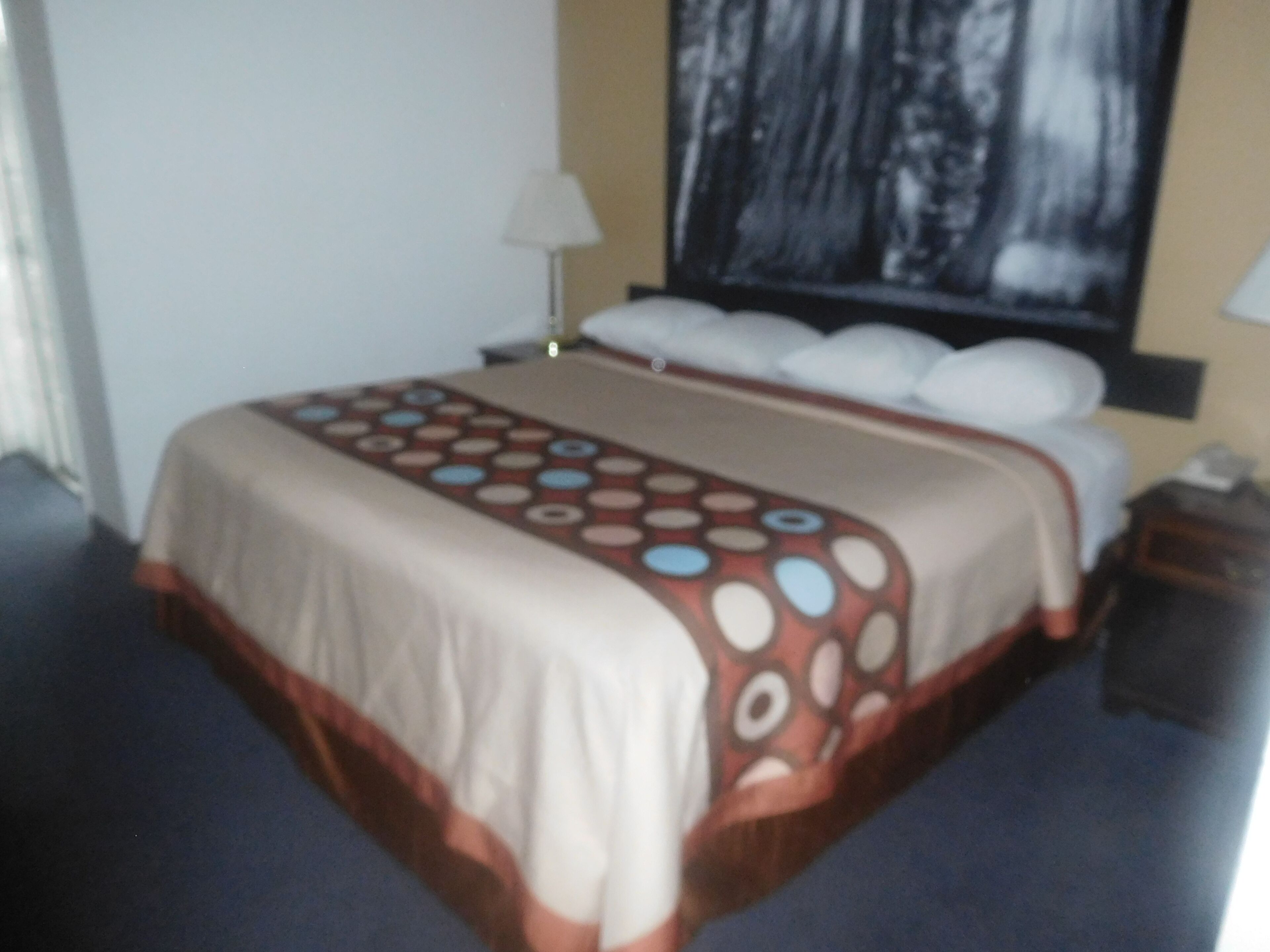 Quarto de hotel com uma cama, mesa de cabeceira, luminária e um quadro na parede.