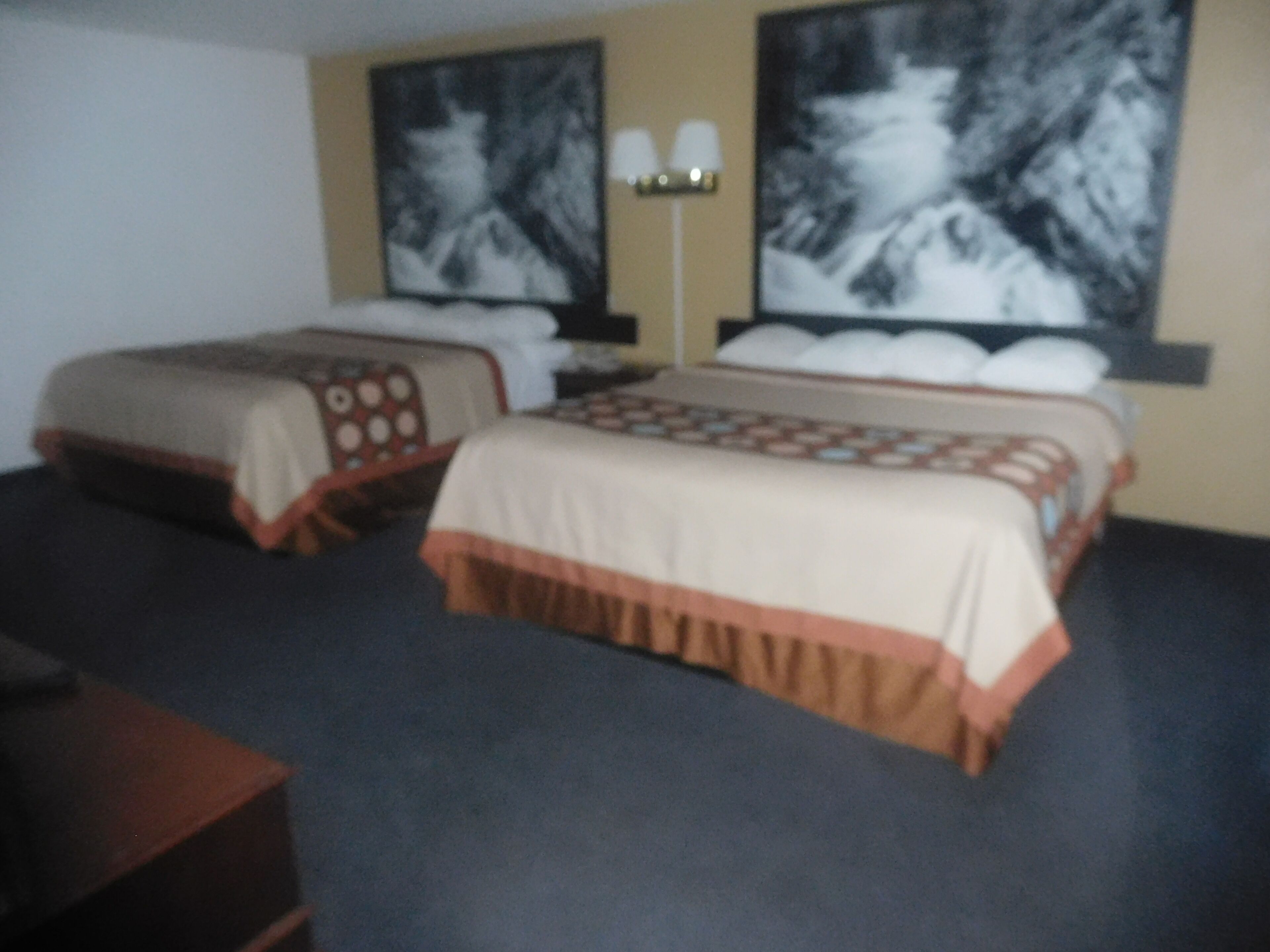 A hotel room with two beds, a nightstand, and a lamp.