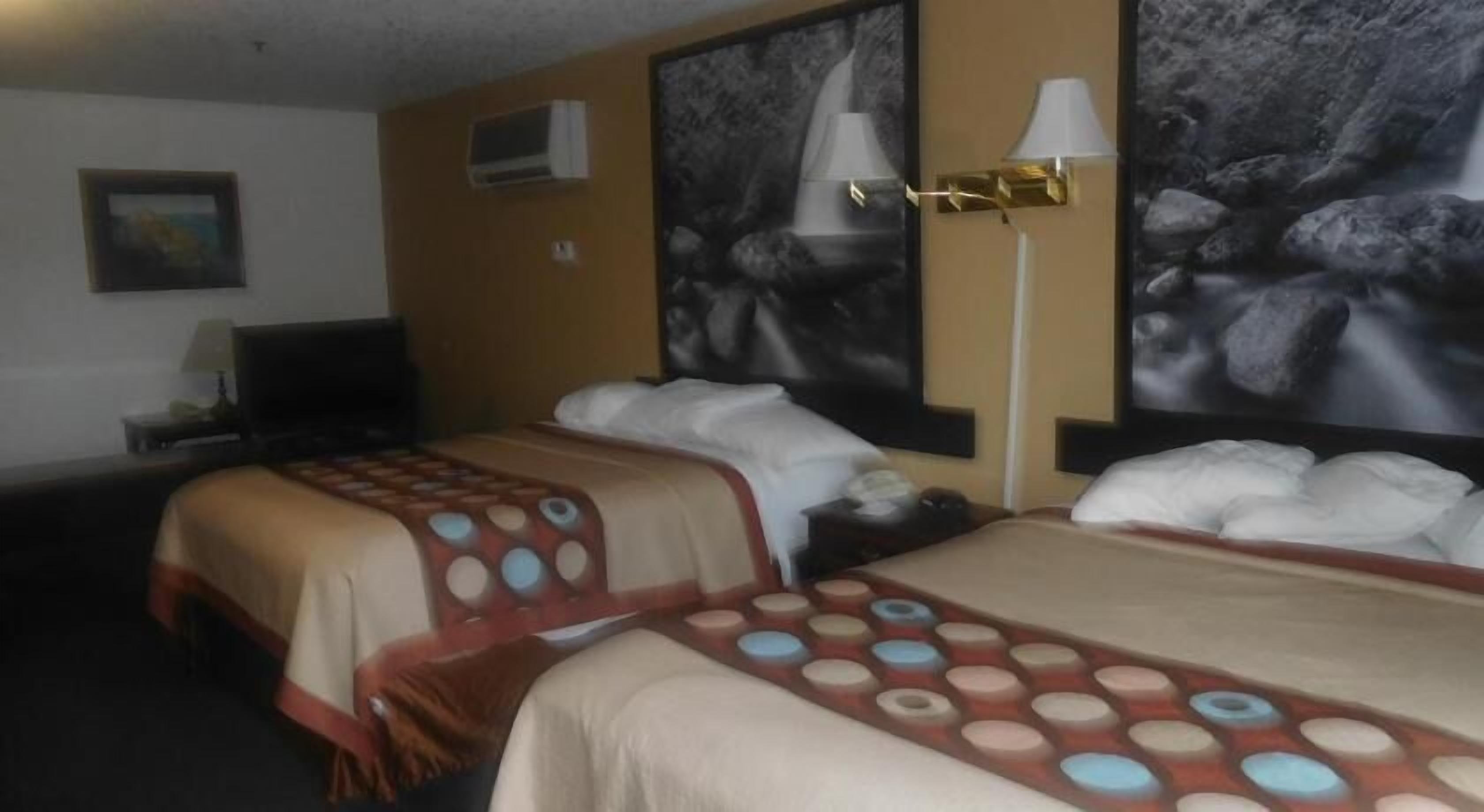 Desk, laptop workspace, blackout curtains, iron/ironing board