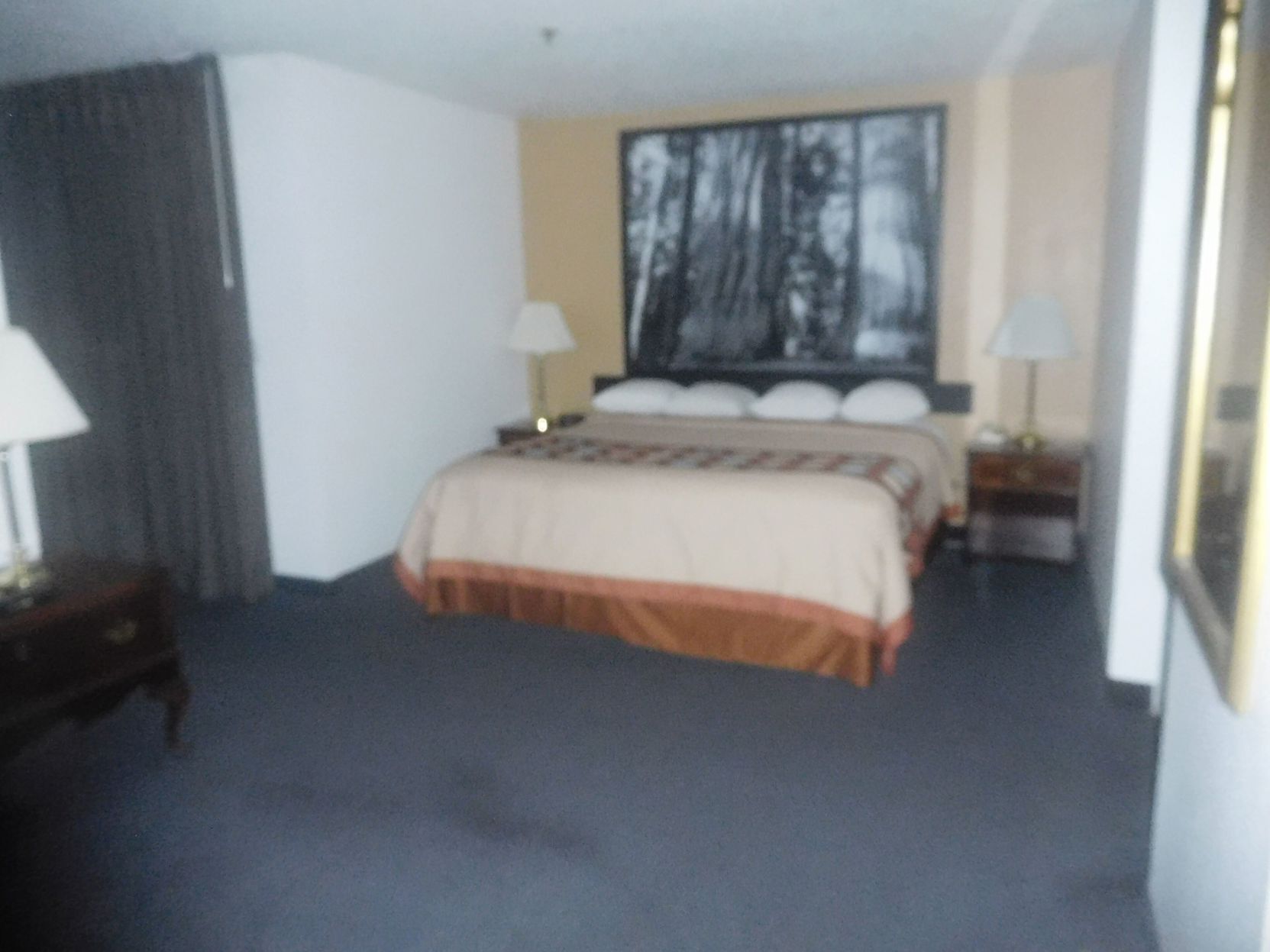 Desk, laptop workspace, blackout curtains, iron/ironing board
