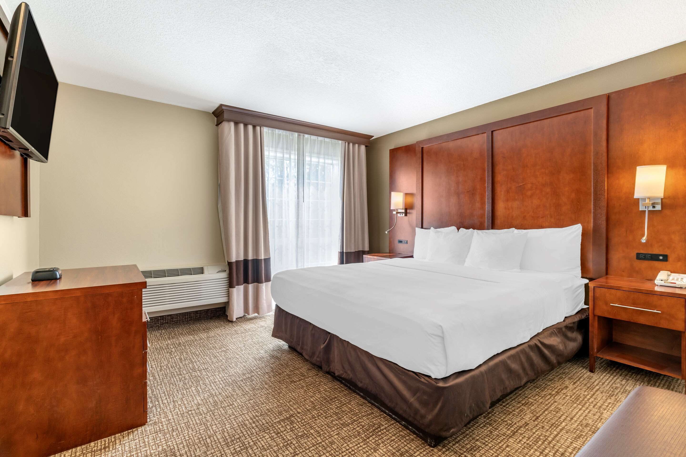 A hotel room with a large bed, a desk, a flat-screen TV, a heater, a nightstand, and a lamp.