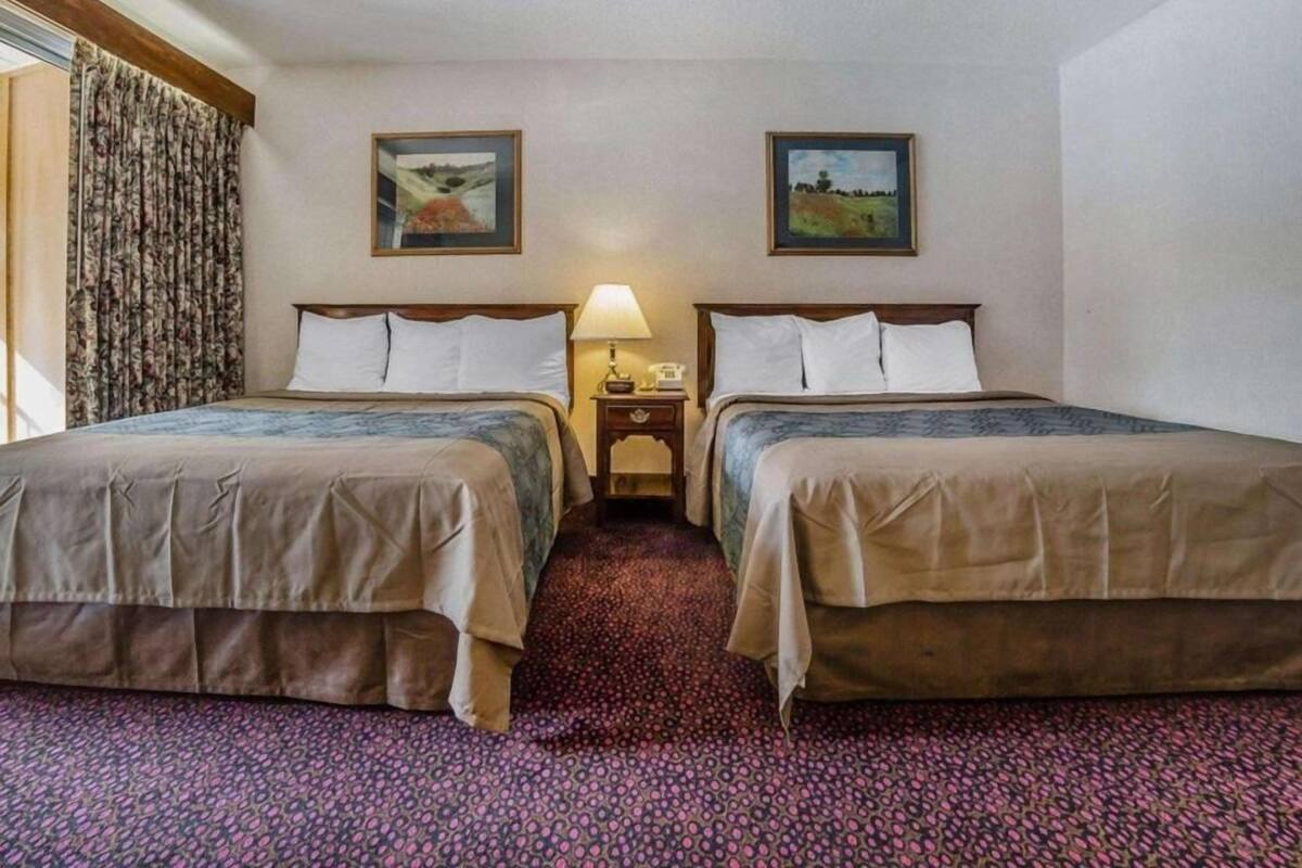 A hotel room with two beds, a small bedside table with a lamp, and two framed pictures on the wall.