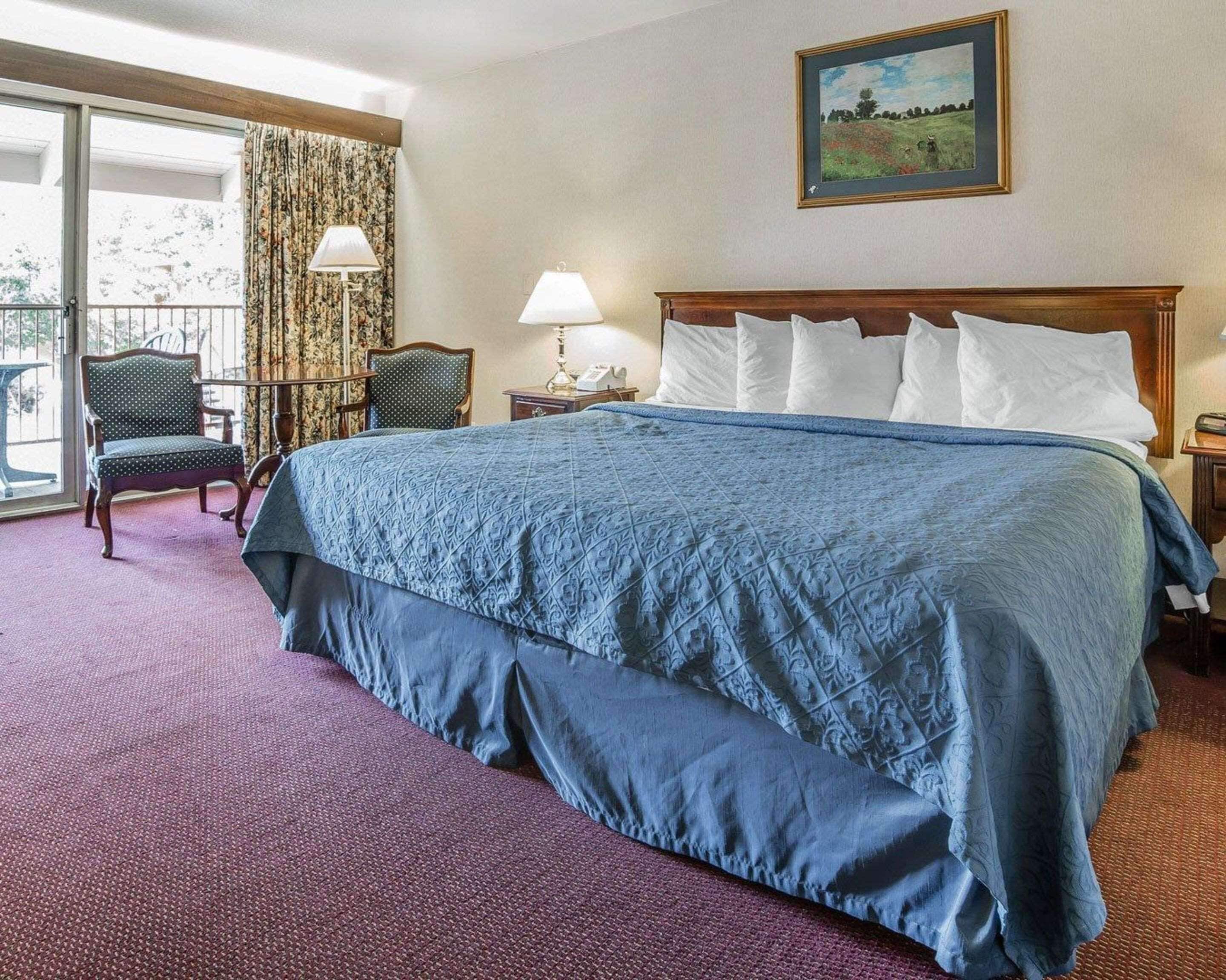 Habitación de hotel con una cama grande, una silla, una lámpara y un cuadro en la pared.