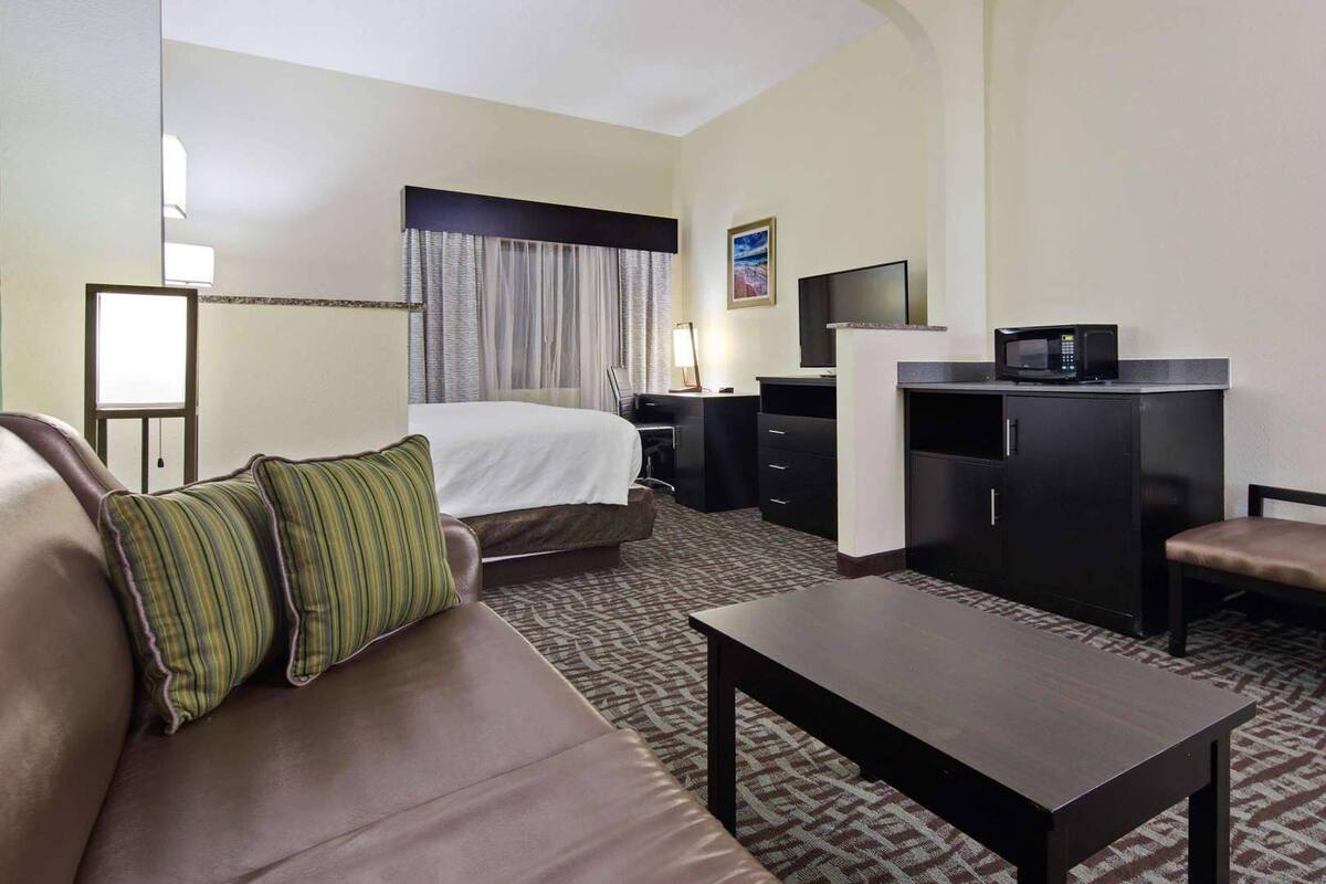 A hotel room with a bed, a desk, a television, a microwave, a sofa, and a chair.