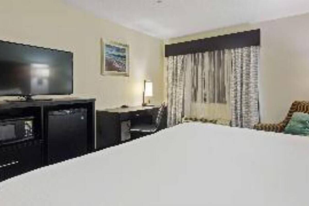 Premium bedding, desk, laptop workspace, blackout curtains
