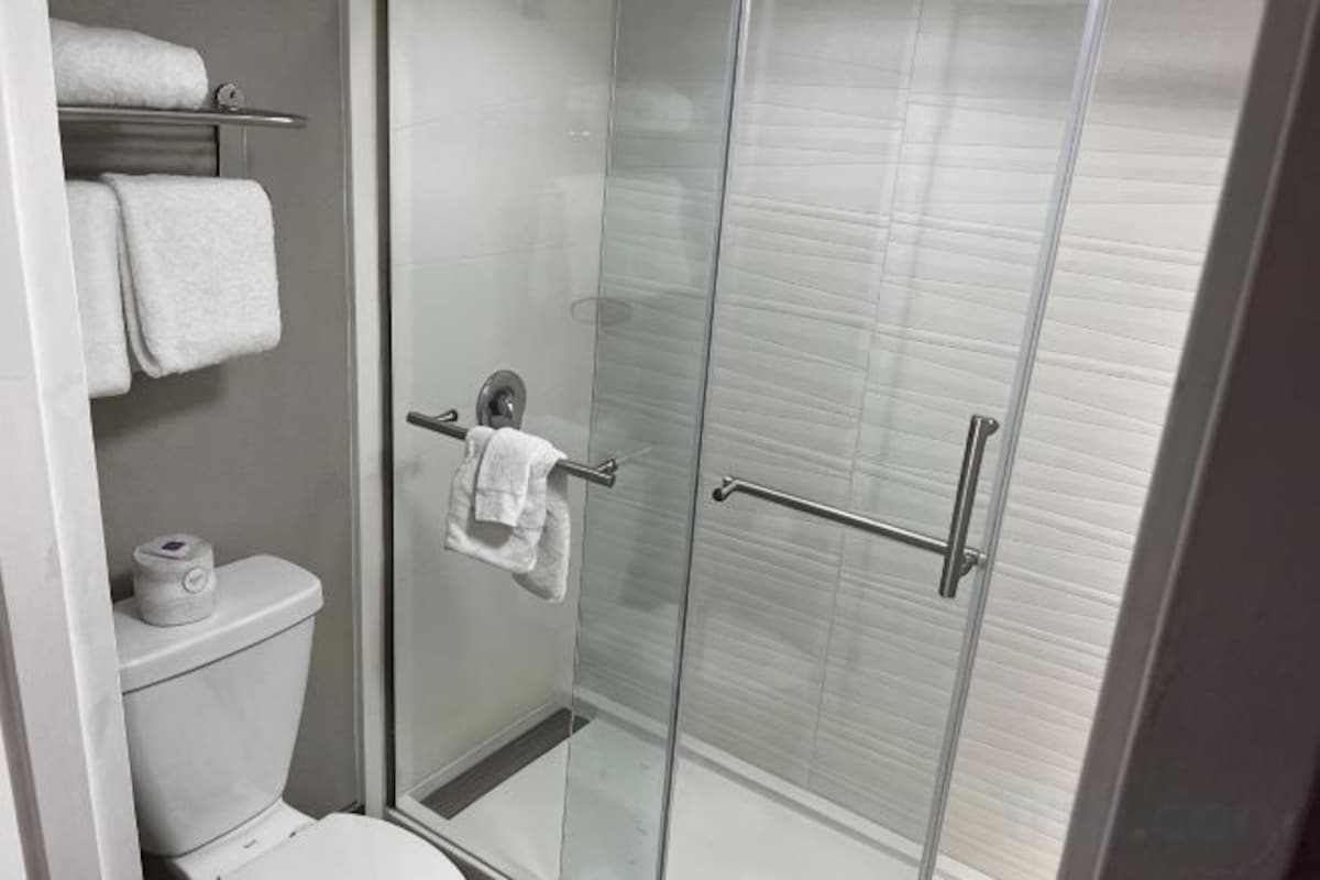Combined shower/tub, towels