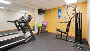 A gym with treadmills, a cable machine, and exercise balls.