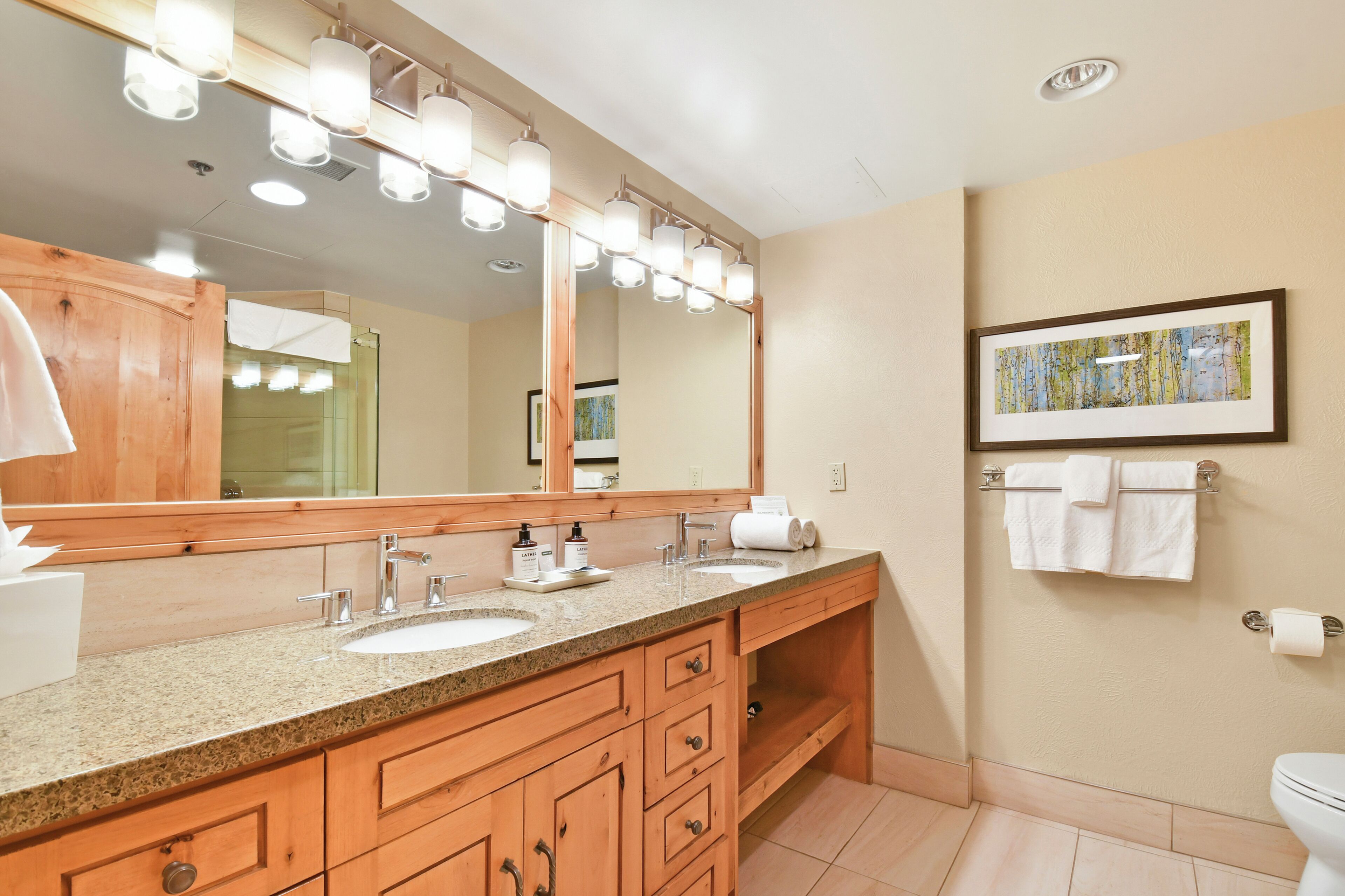 A bathroom with a double sink vanity, a large mirror with lights, a framed picture on the wall, and a towel rack.