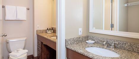 A bathroom with a toilet, a sink, and a mirror.
