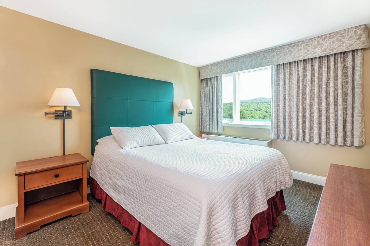 A hotel room with a large bed, two bedside tables with lamps, a window with curtains, and a view of greenery outside.