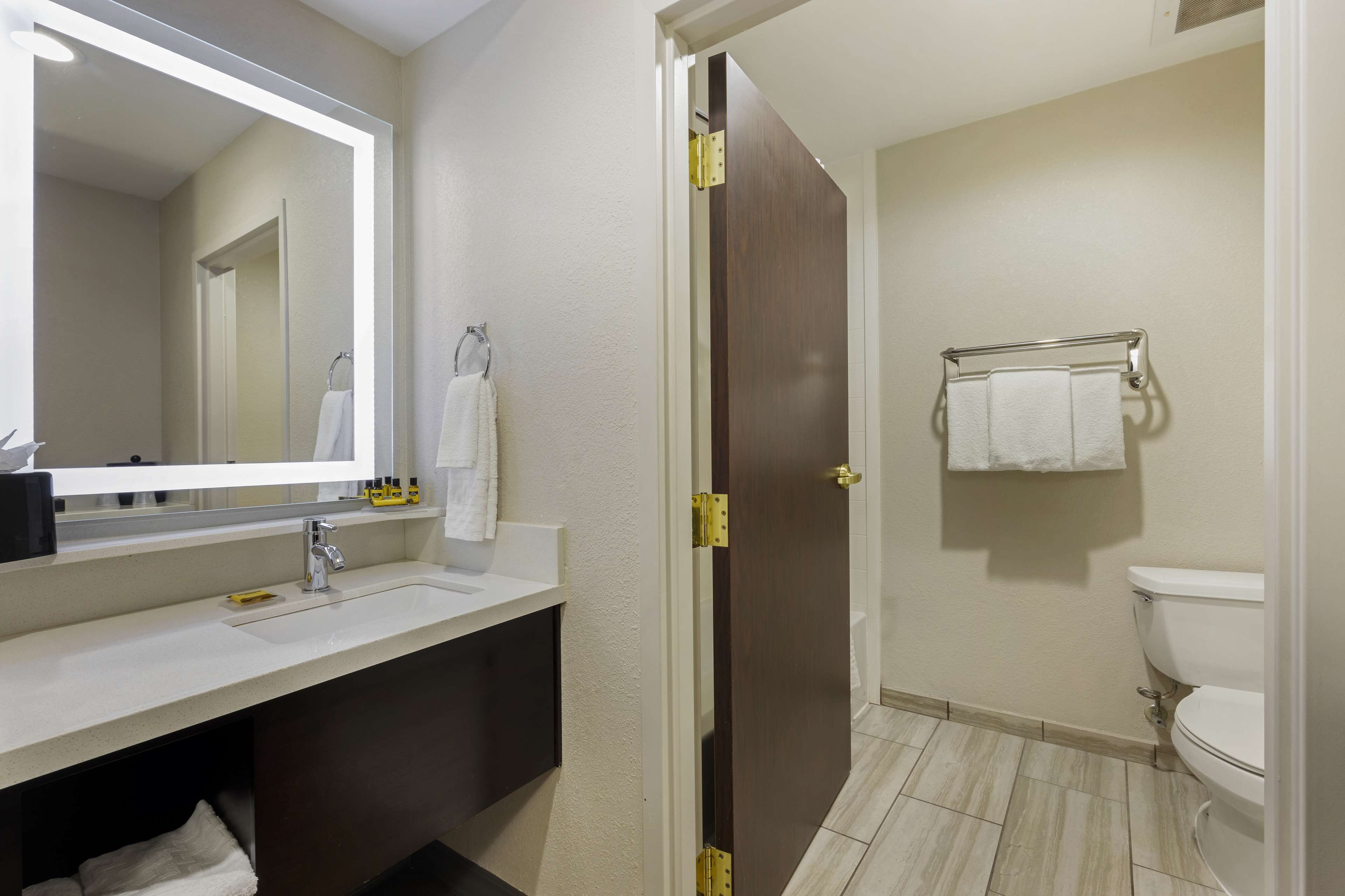 combined shower/bathtub, free toiletries, hair dryer, towels