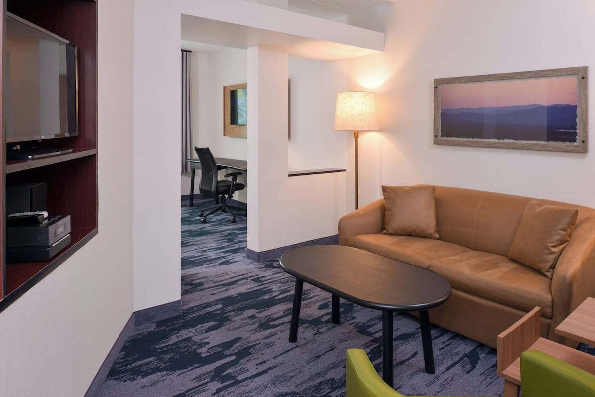 Une chambre d’hôtel avec un canapé marron, une petite table, une télévision, une lampe et un tableau au mur.