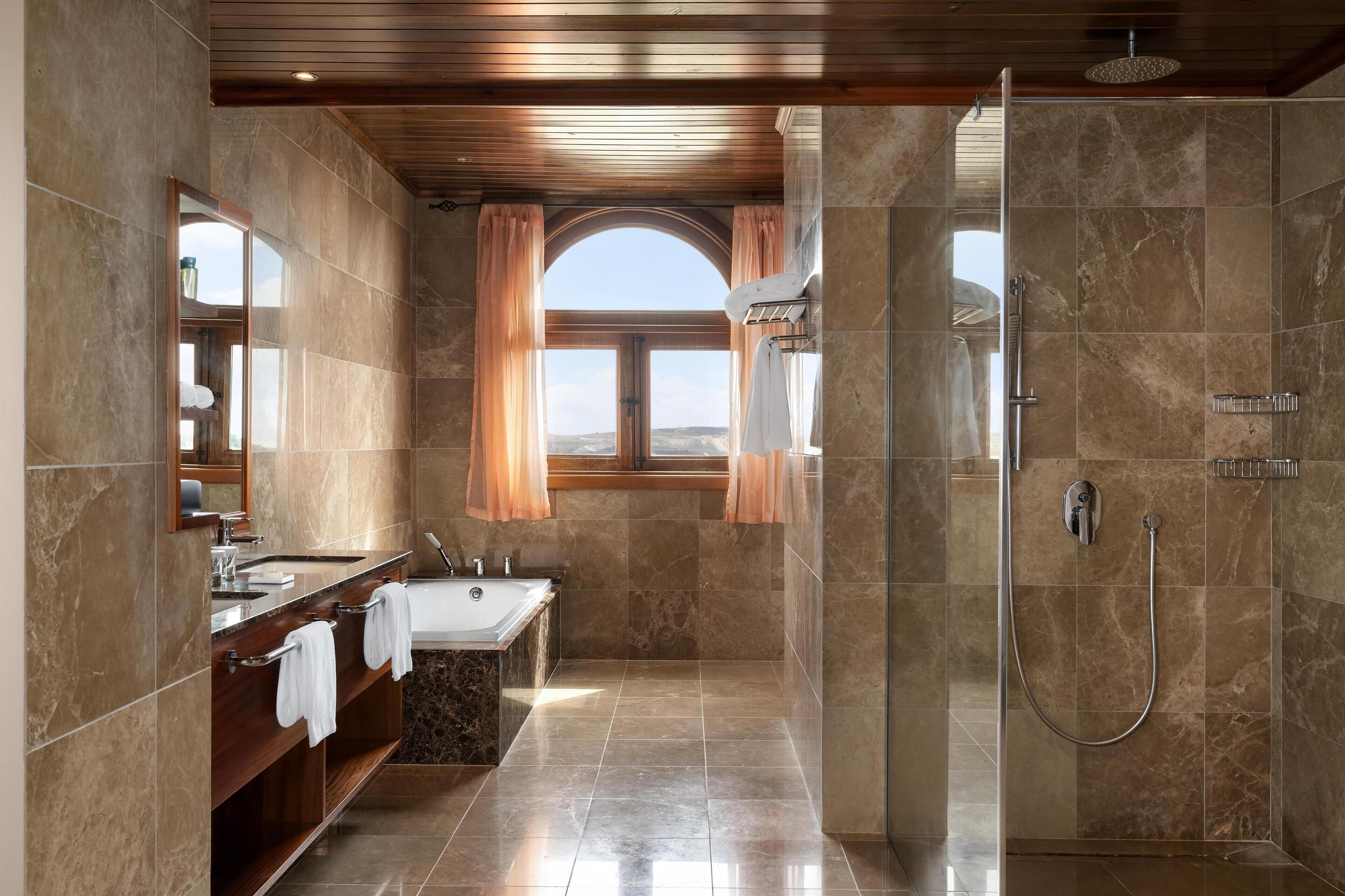 A modern bathroom with a bathtub, a shower, and a vanity with a mirror and towel rack.