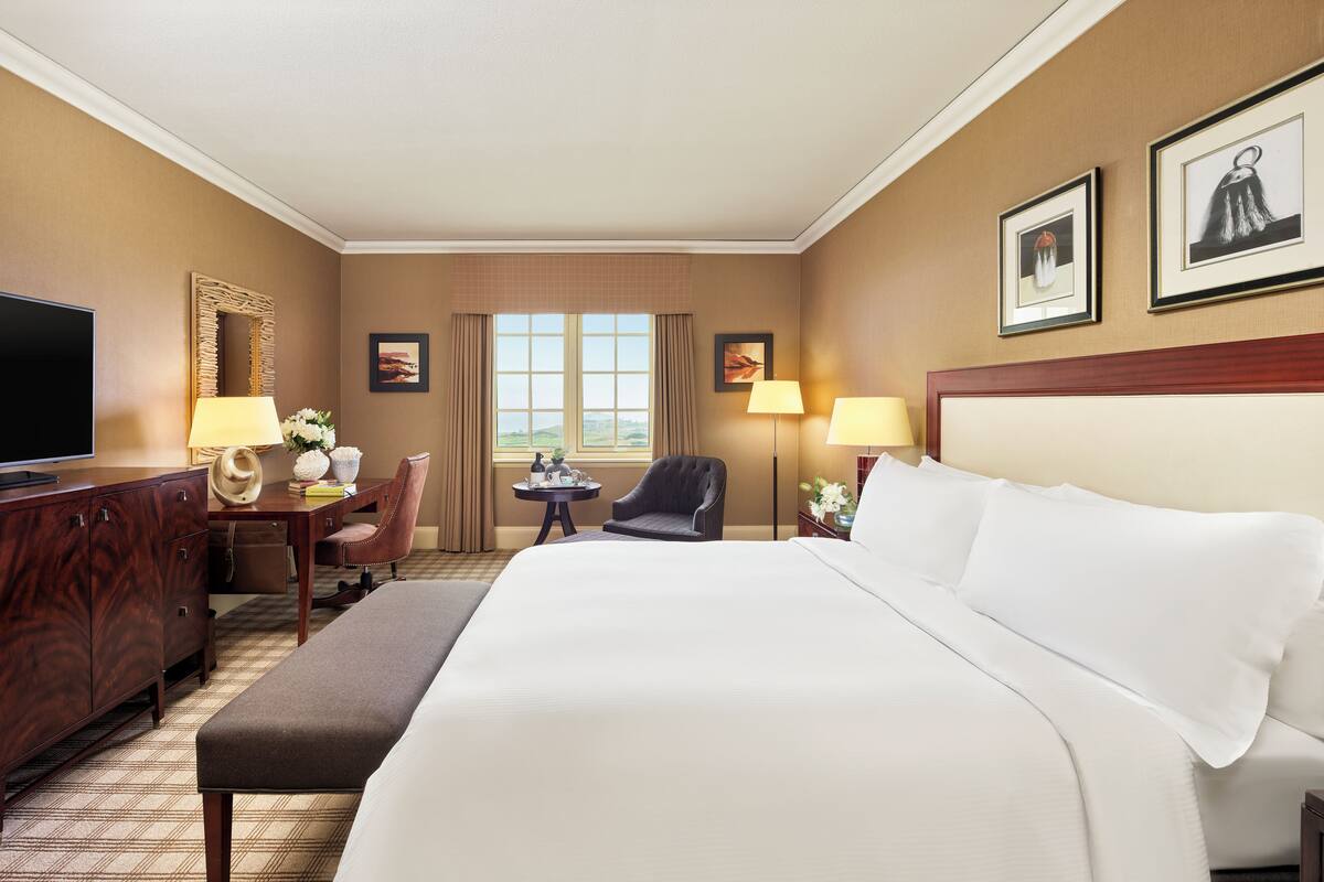 A hotel room with a large bed, a desk with a flat-screen TV, a chair, a small table with a lamp, and a window with curtains.