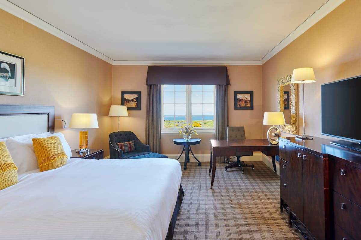 A hotel room with a large bed, a desk, a chair, a television, and a view of the sea through the window.
