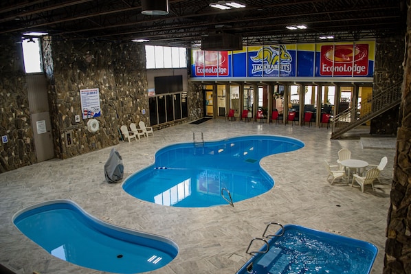 Indoor pool, open 9:00 AM to 10:00 PM, sun loungers