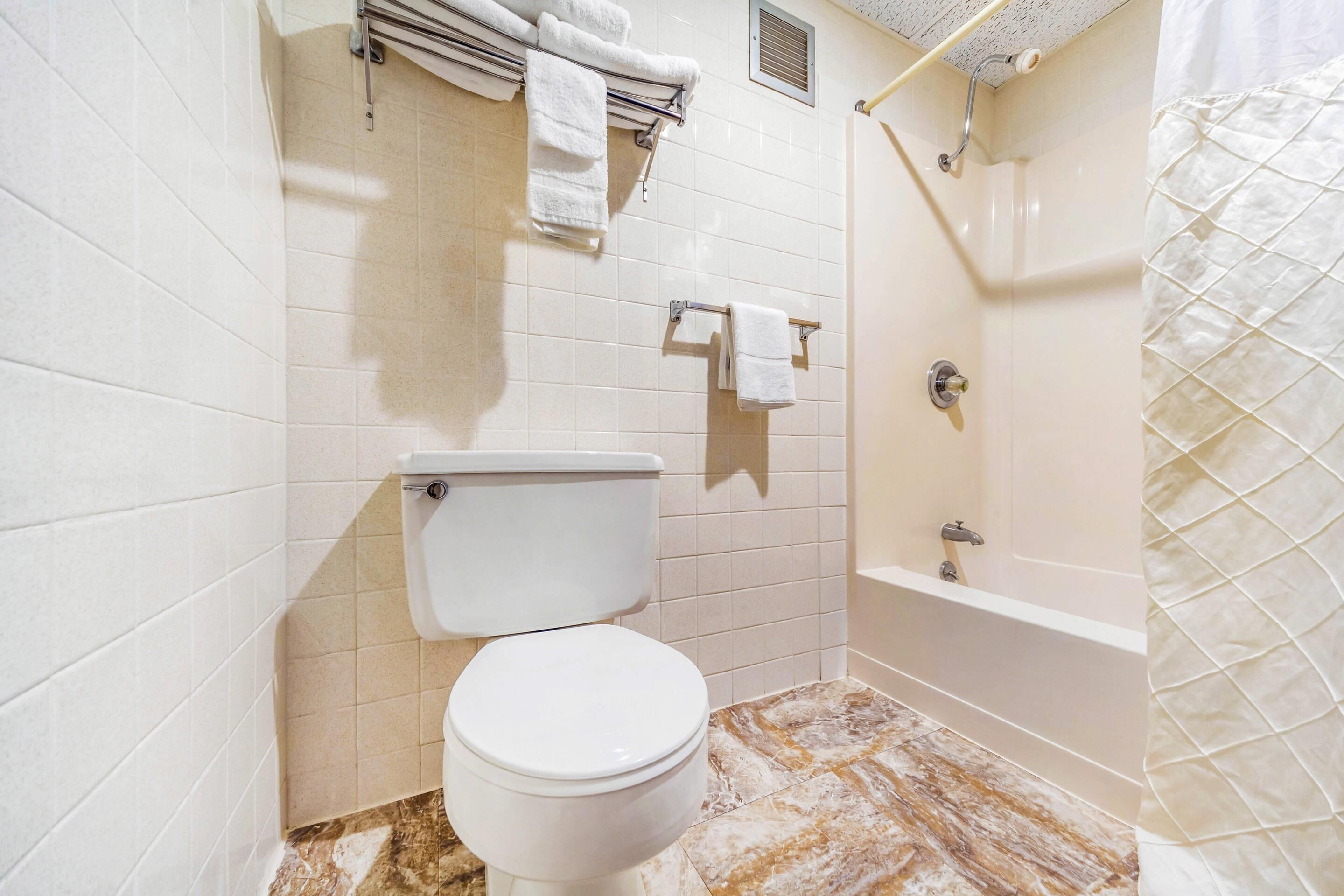 A bathroom with a toilet, a bathtub, and a shower.
