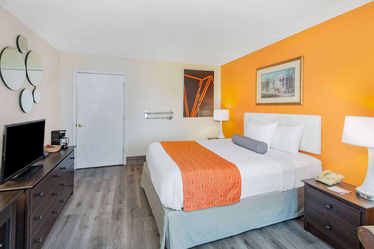 Une chambre d’hôtel avec un lit, un bureau, une télévision et un tableau au mur.
