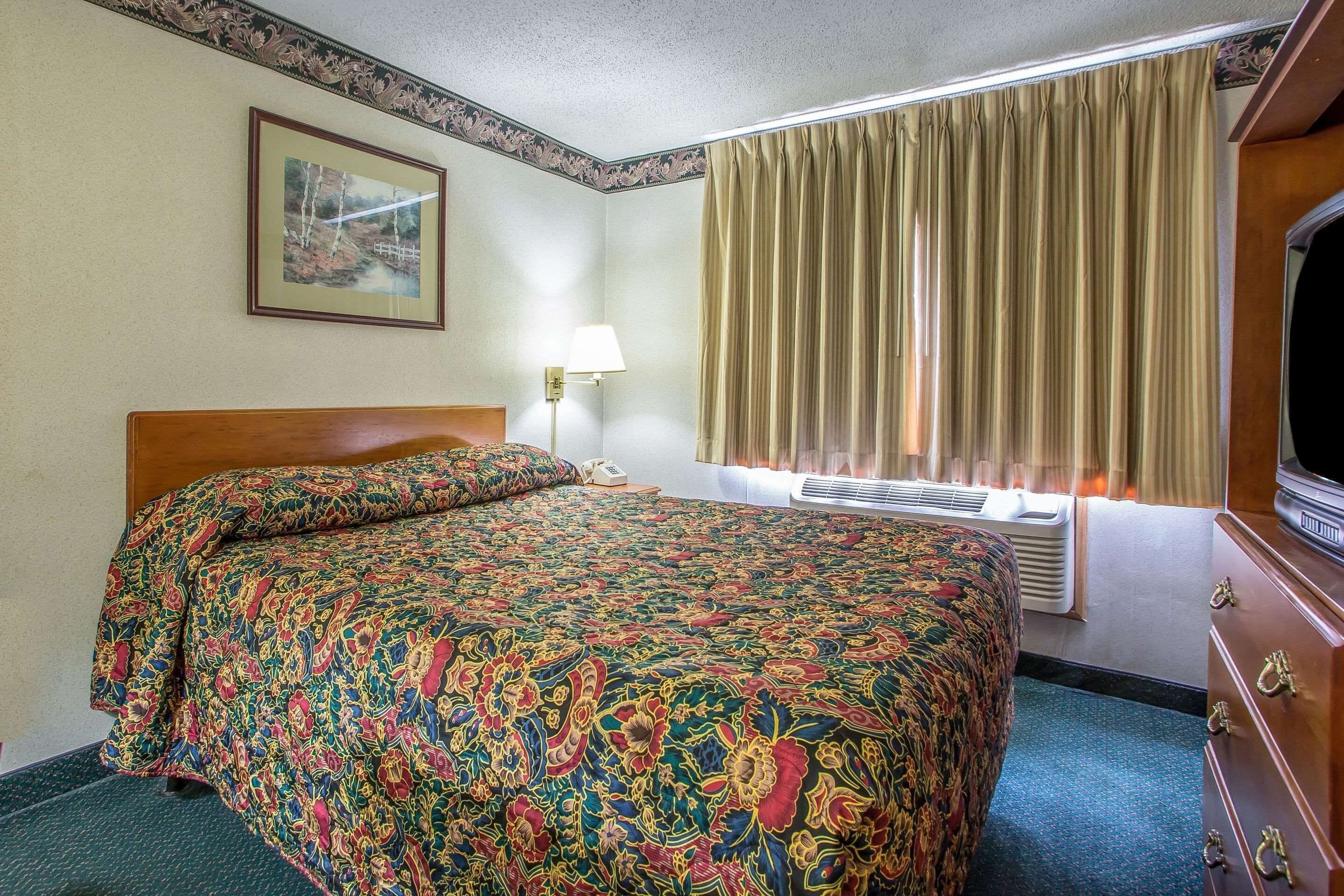 Habitación de hotel con una cama grande, una lámpara de noche, un cuadro enmarcado en la pared, una ventana con cortinas y un tocador con espejo.
