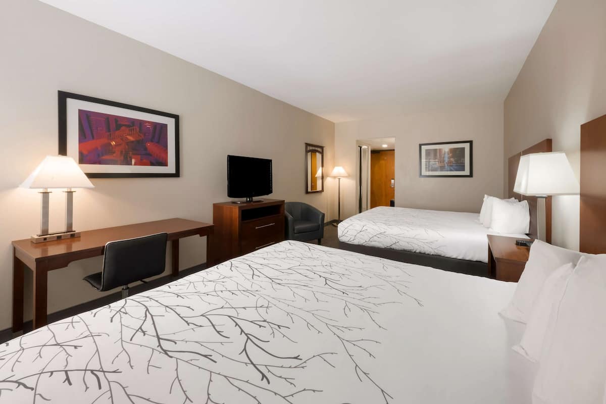 A hotel room with two beds, a desk, a chair, a television, and two lamps.