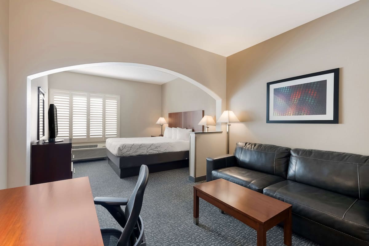 A hotel room with a bed, a leather sofa, a desk, and a chair. There is a window with blinds and a picture on the wall.