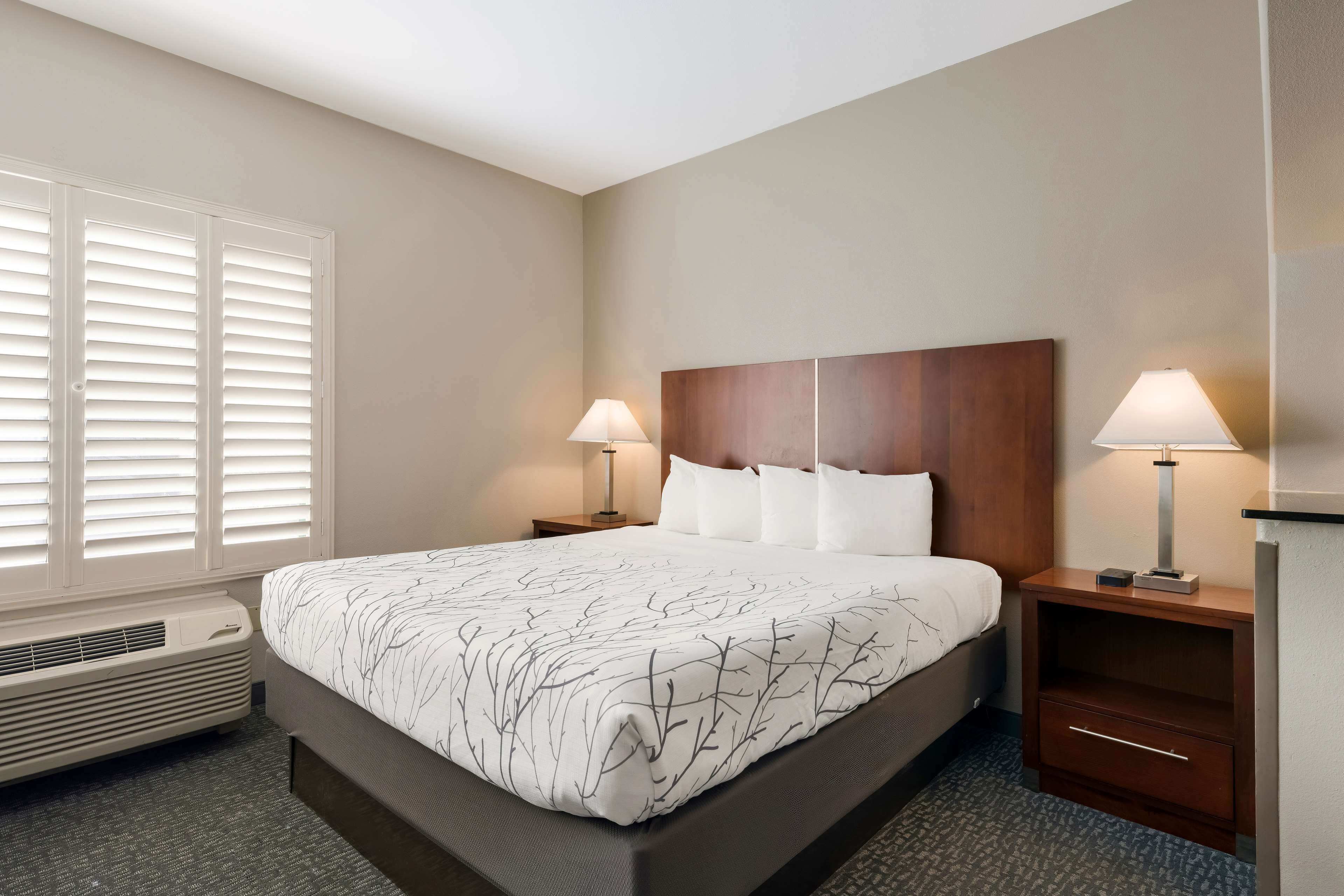 A hotel room with a large bed, two bedside tables with lamps, a window with blinds, and a wall-mounted heater.