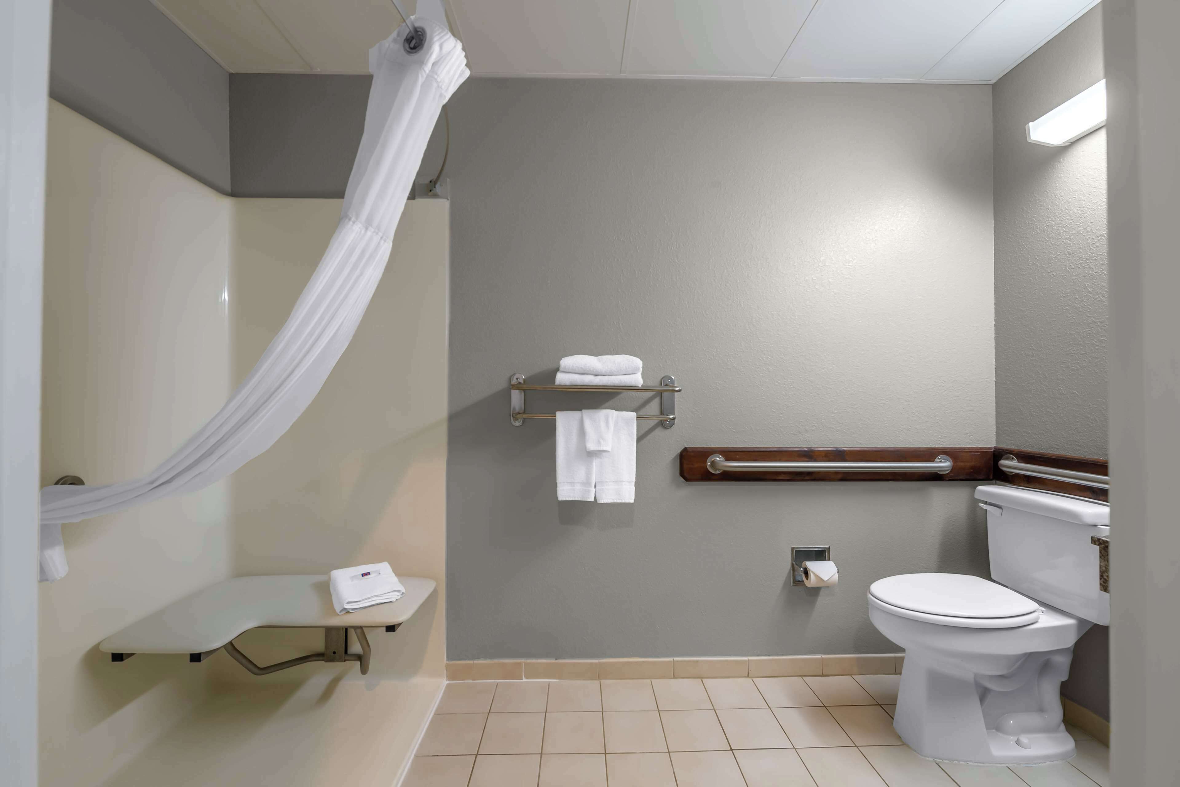 A bathroom with a shower, toilet, and a towel rack.