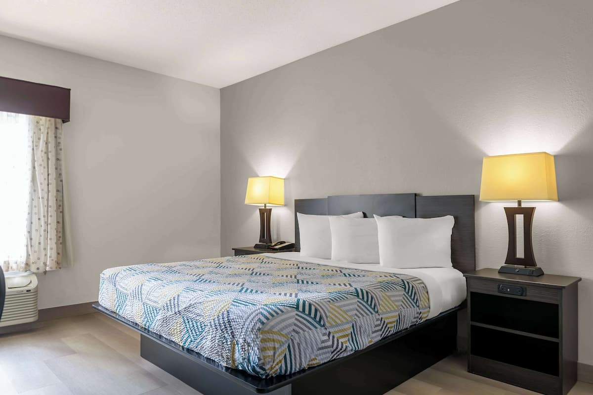 A hotel room with a large bed, two bedside tables with lamps, a window with curtains, and a wall-mounted heater.
