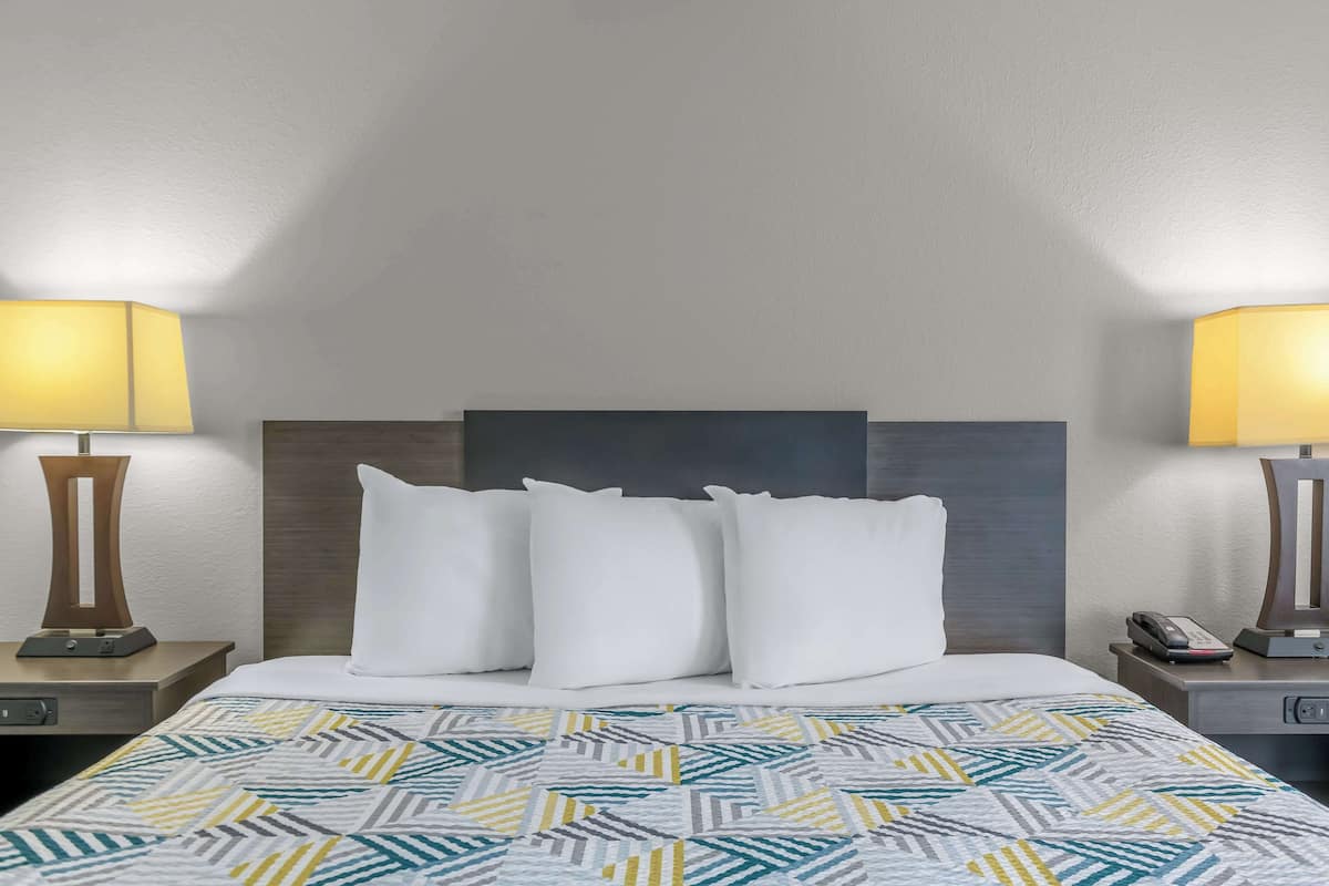 A hotel room with a bed, two bedside lamps, a telephone, and a patterned bedspread.