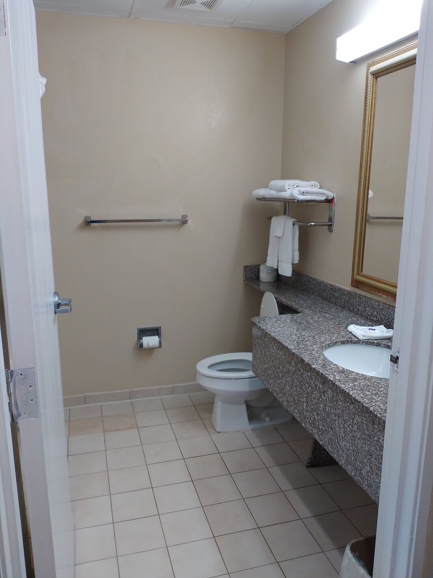 Un baño con inodoro, lavamanos, toallero y espejo.