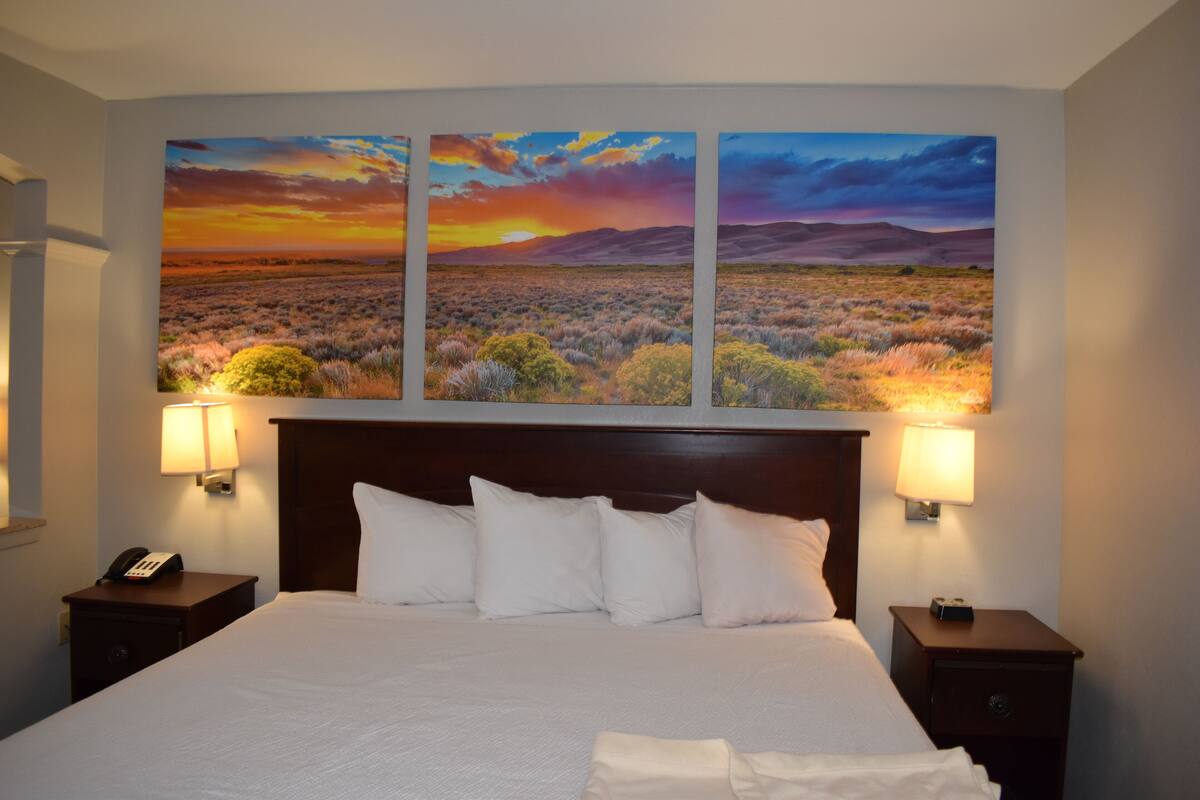 A hotel room with a large bed, two bedside tables, a nightstand with a phone, and a wall-mounted painting of a desert landscape.