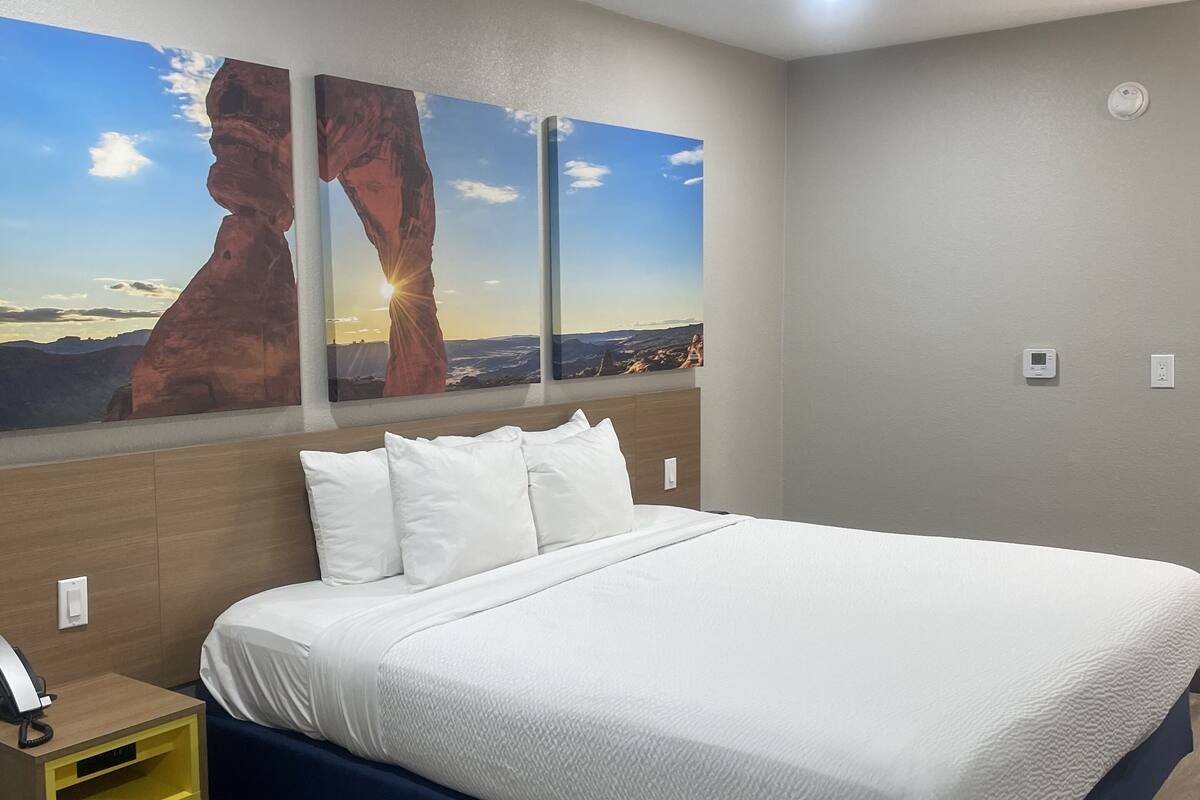 A modern hotel room with a large bed, a nightstand, and a wall-mounted artwork depicting a desert landscape.