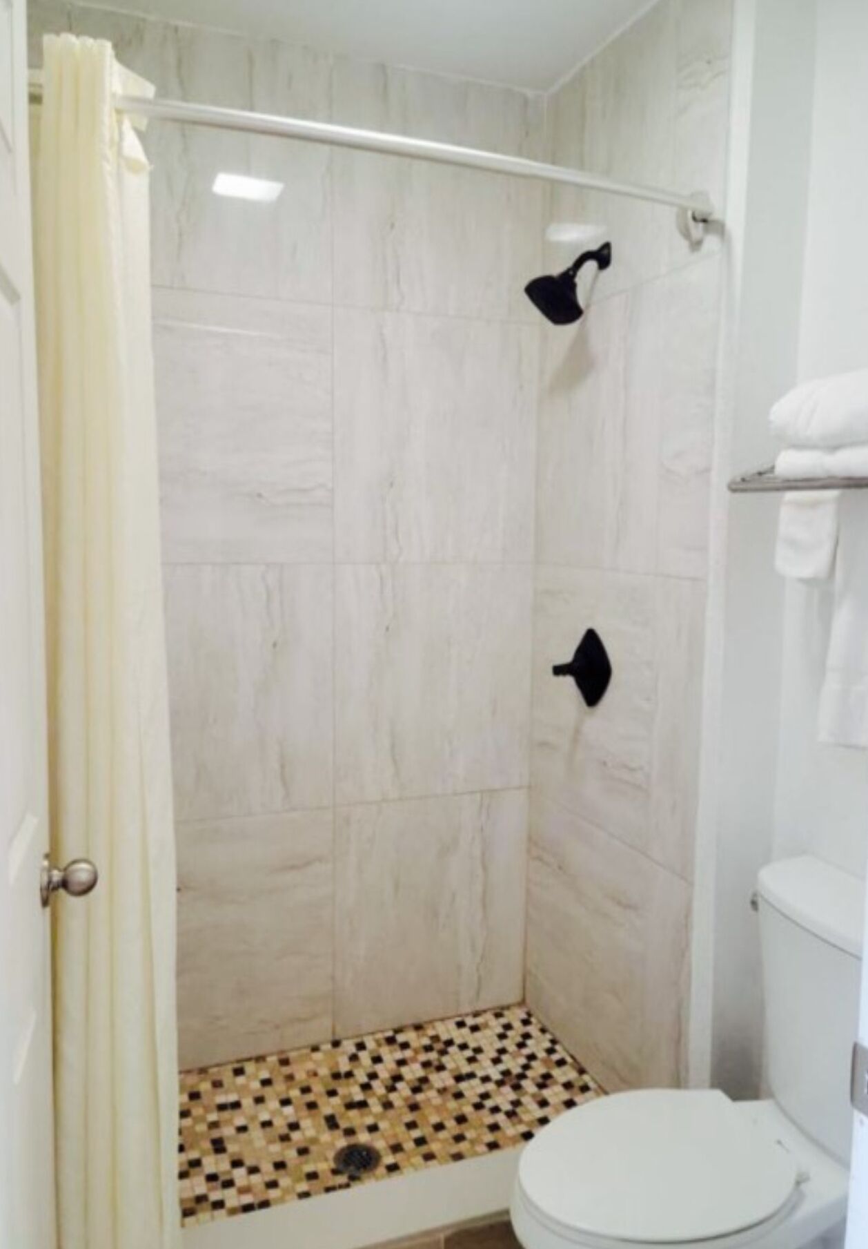 A shower with a tiled floor, a white toilet, and a towel rack.
