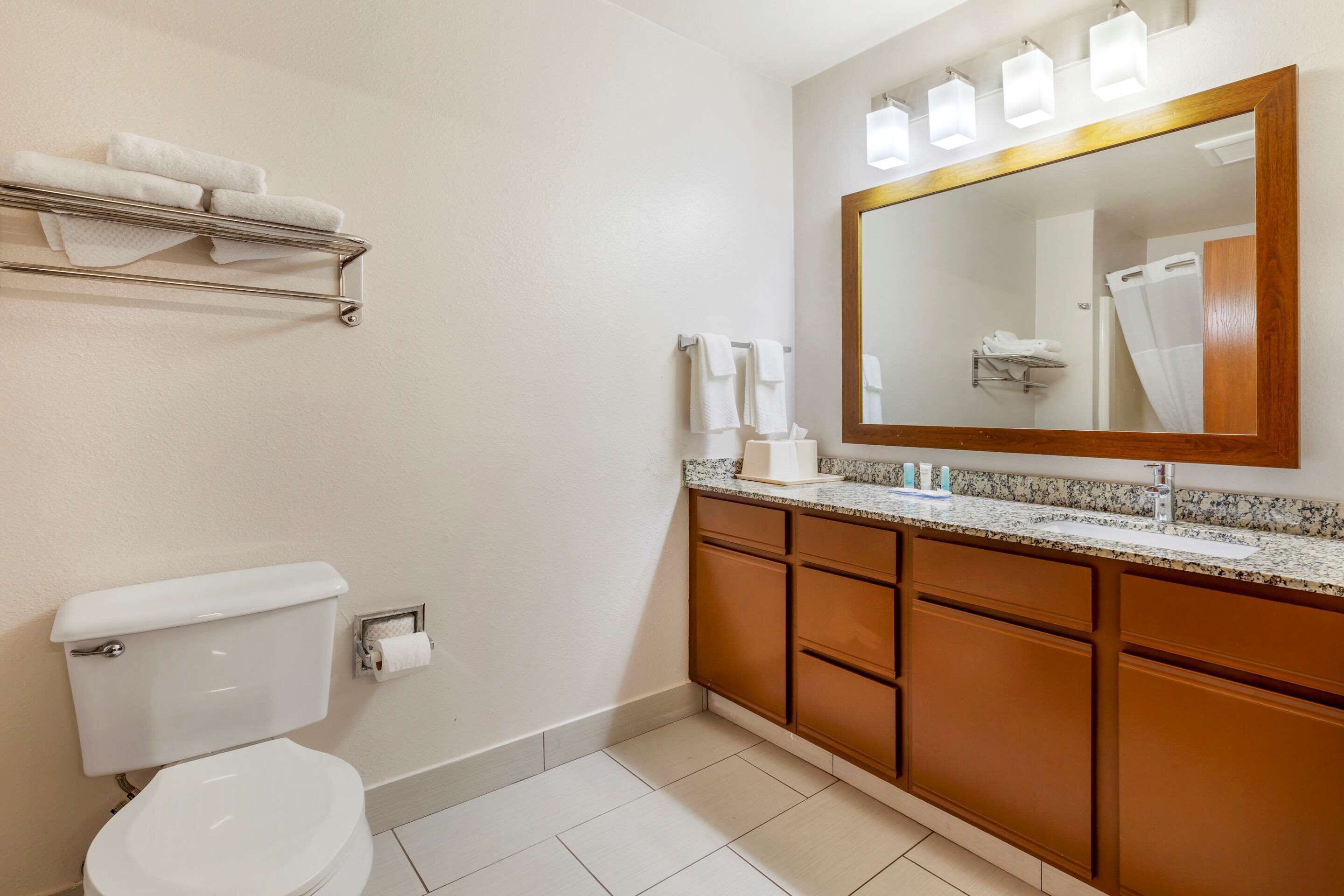 A modern bathroom with a toilet, sink, mirror, and towel rack.