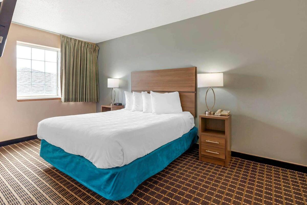 A hotel room with a large bed, two bedside tables, a window with curtains, and a patterned floor.